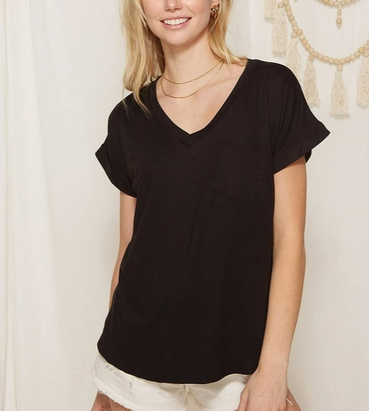 Black V Neck Dolman Sleeve Pocket Knit Tee