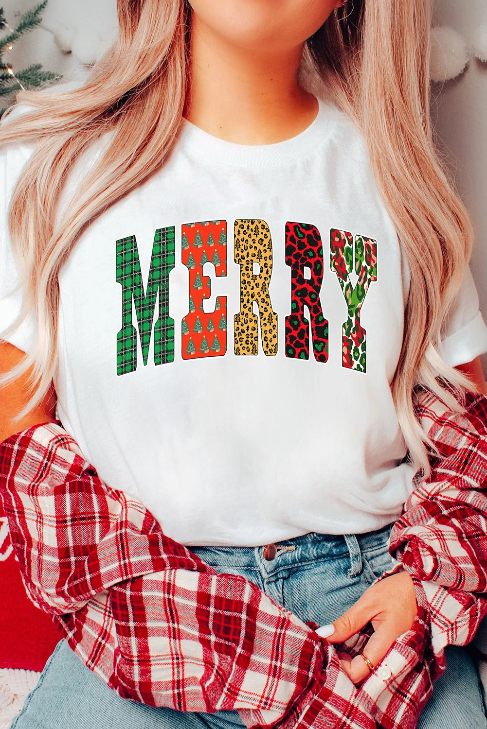 White Leopard Plaid Multi-pattern MERRY Letter Graphic Tee