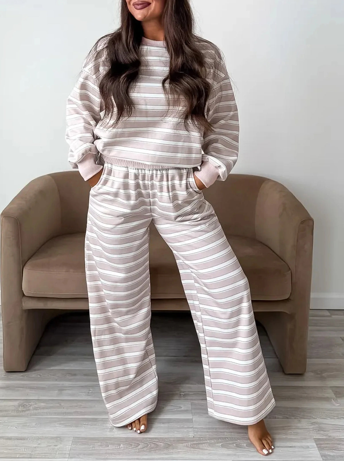 Khaki Stripe Contrast Trim Long Sleeve Top Elastic Waist Pants Set