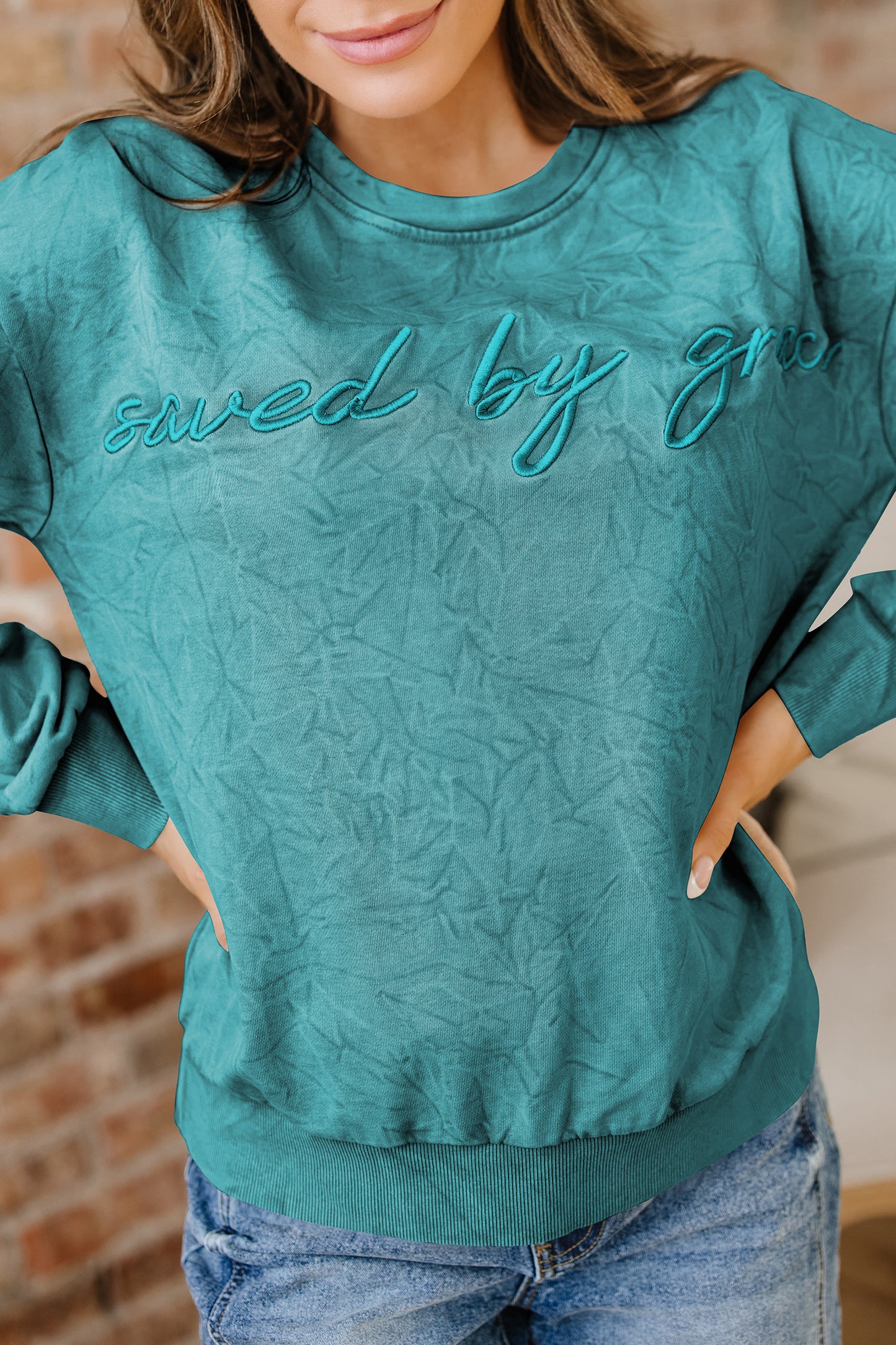 Saved by grace Letter Embroidery Mineral Wash Loose Sweatshirt