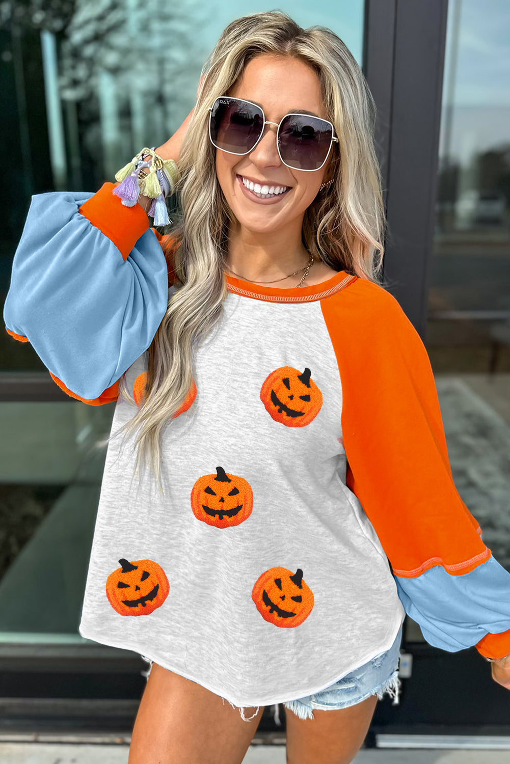 Light Grey Chenille Halloween Pumpkin Patched Color Block Patchwork Long Sleeve Top