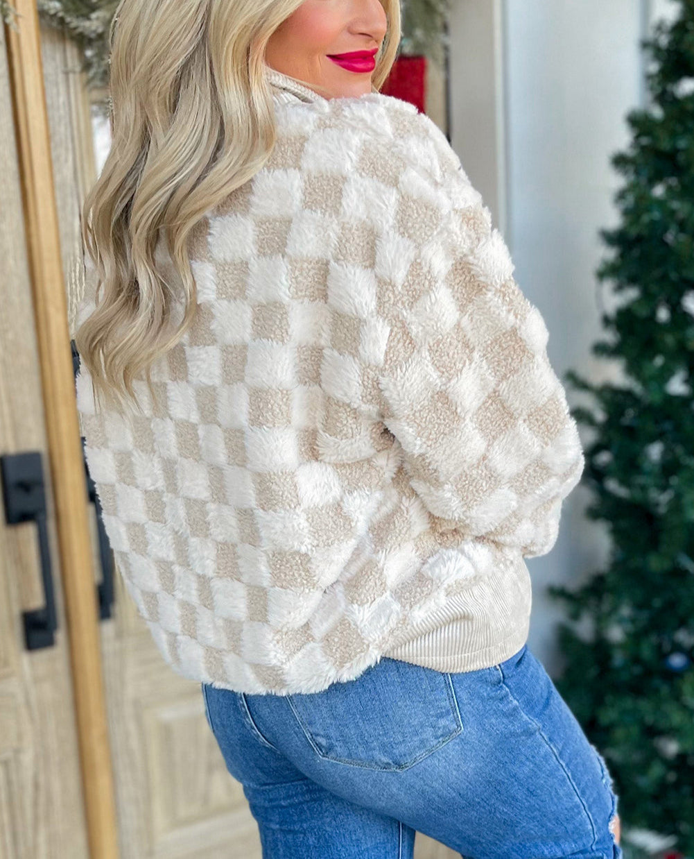 Khaki Checker Sherpa Corduroy Patchwork Zip up Collared Jacket