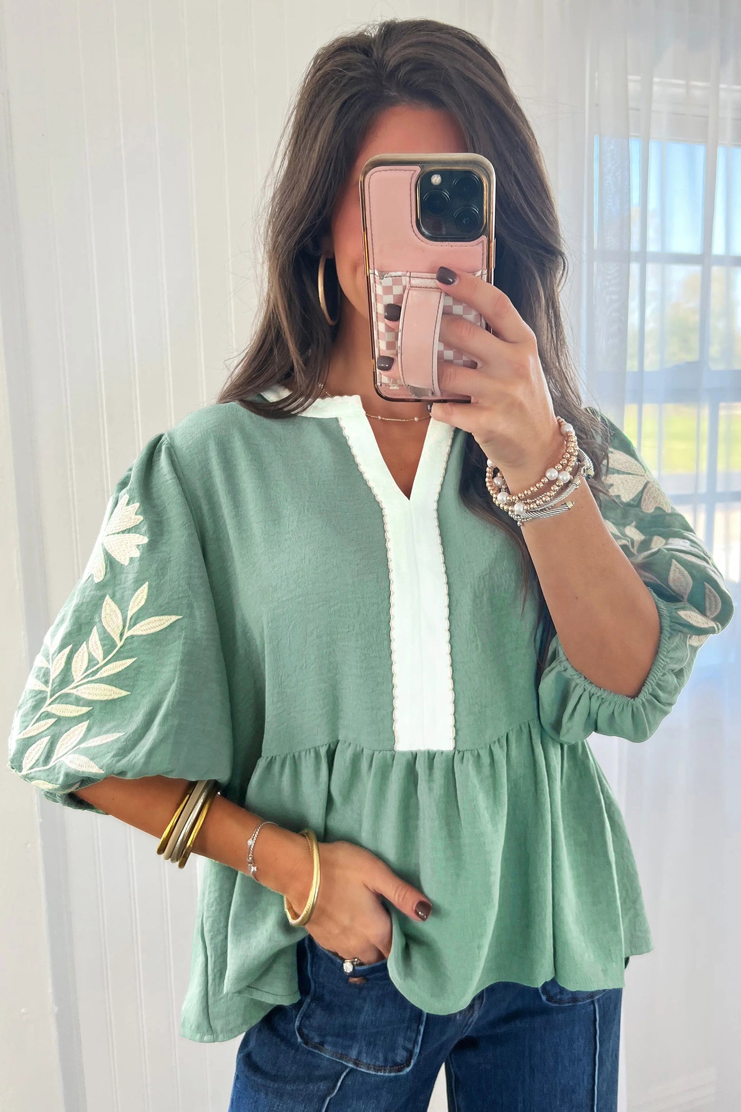 Smoke Green Color Block Patchwork V Neck Embroidered Puff Sleeve Babydoll Blouse