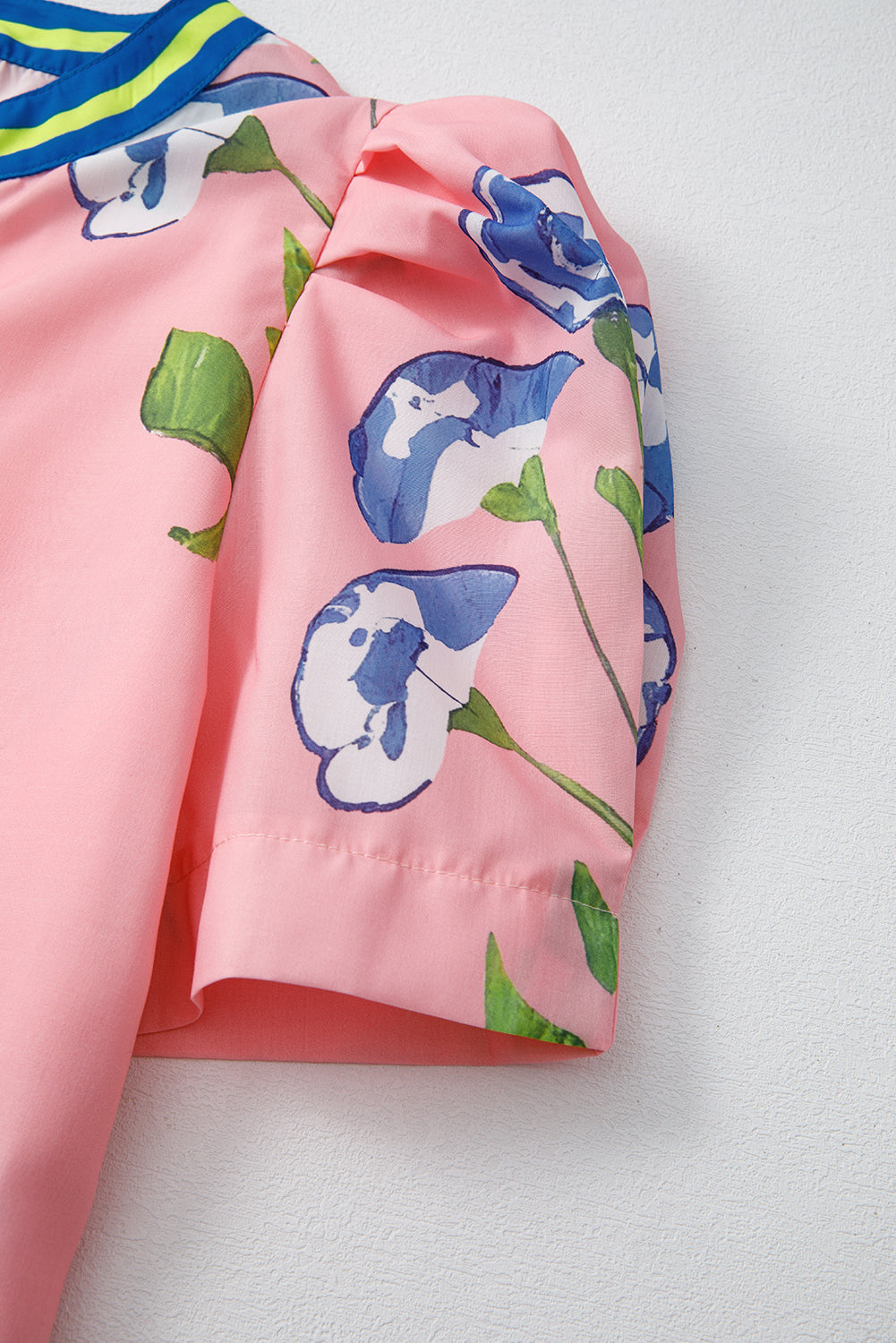 Pink Floral Print Striped Notched V Neck Bubble Sleeve Blouse