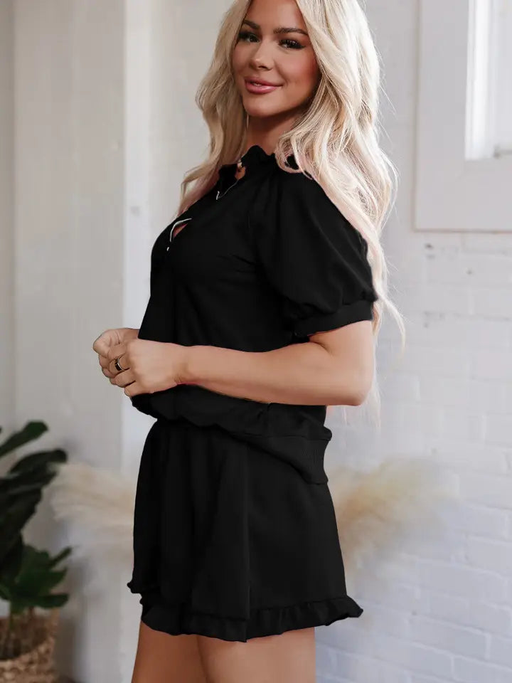 Pink Half Zip Puff Sleeve Top and Ruffled Shorts Set