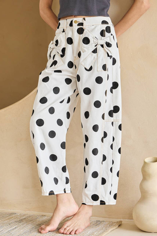Polka Dot Cotton Jeans High Waist Bow Wide Leg