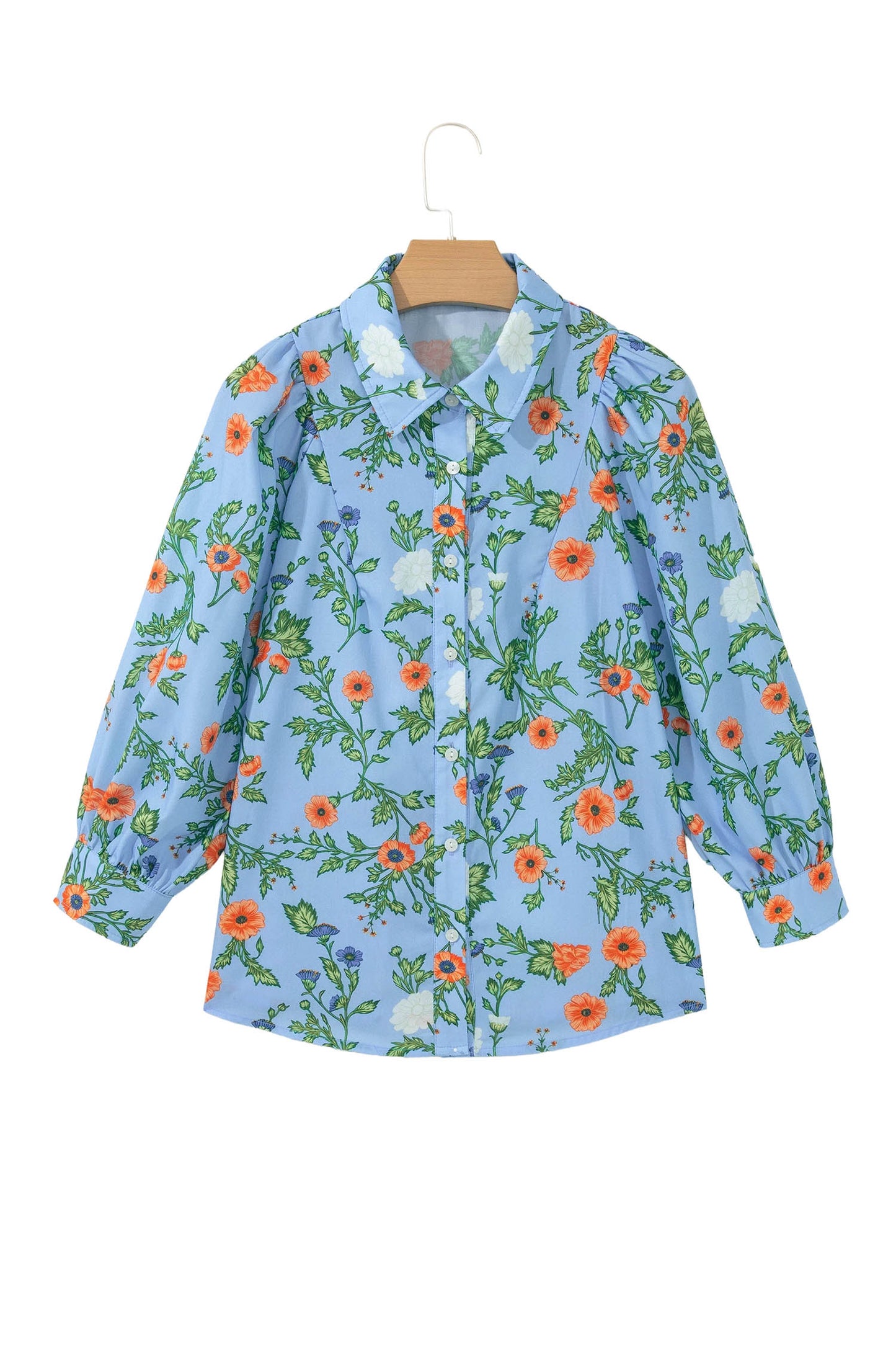 Sky Blue Floral Print Bracelet Sleeve Button Down Casual Shirt