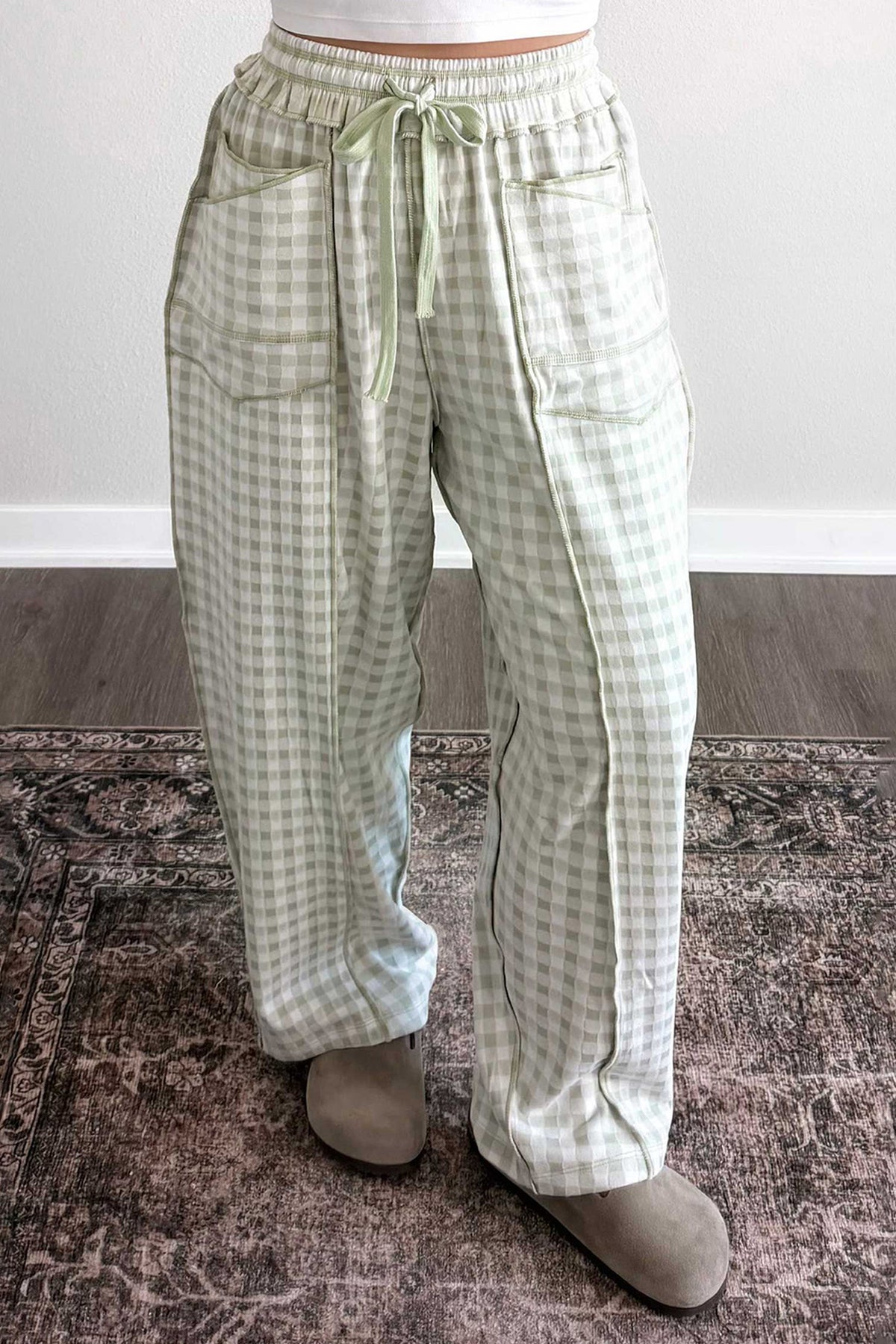 Red Plaid Contrast Trim Drawstring Elastic Waist Shift Pants