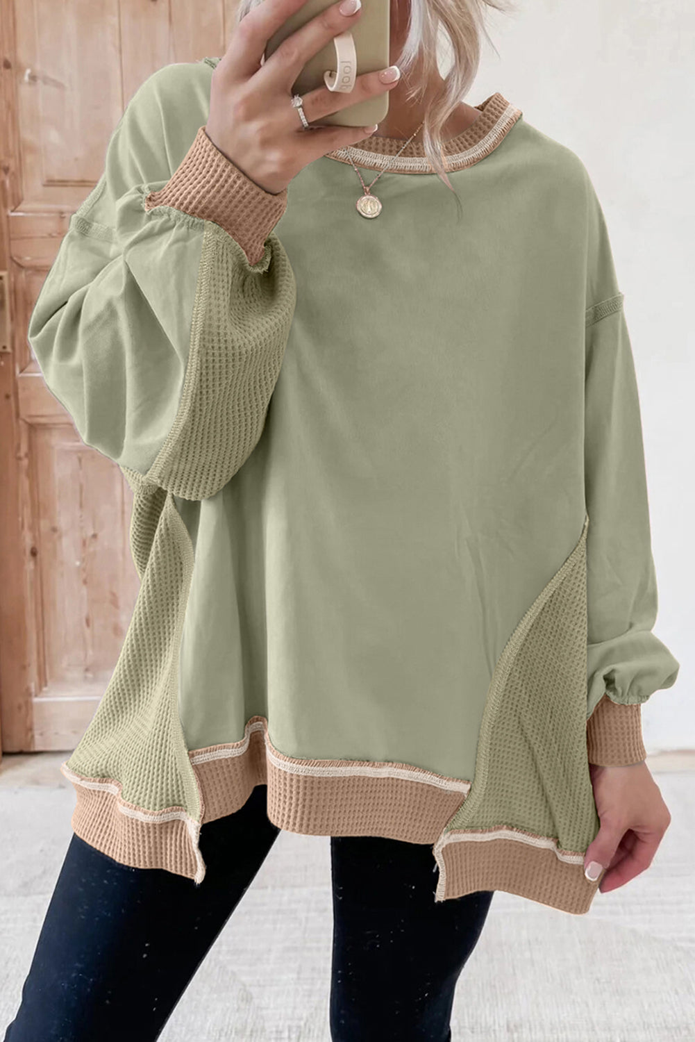 Color Block Mix Texture Waffle Patchwork Oversize Sweatshirt