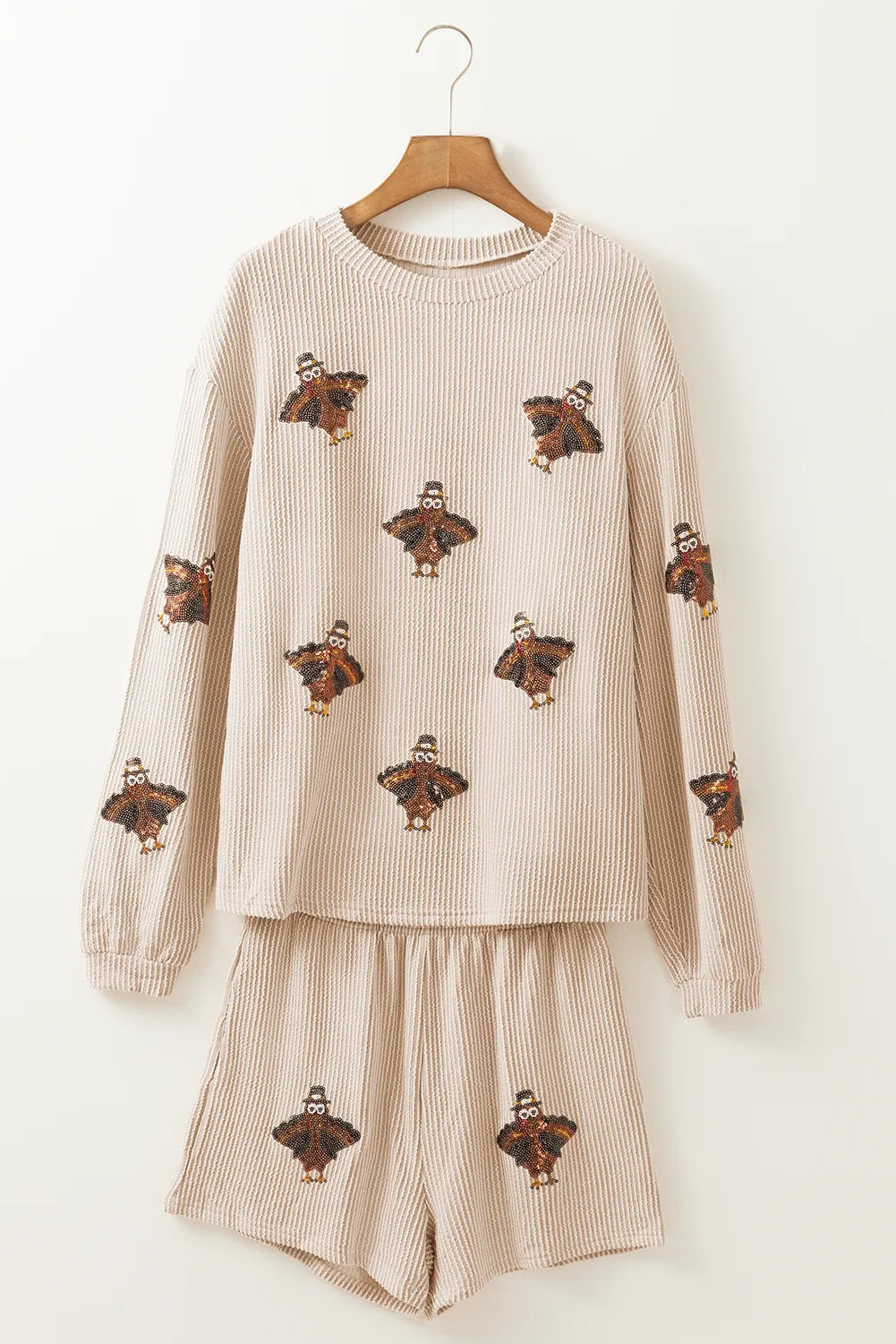 Parchment Thanksgiving Sequined Turkey Corded Knit Loose Fit Shorts Set
