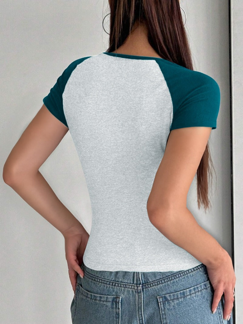 Spring 2025 Slim U Neck Collision Short Sleeve Top Women's T-Shirt