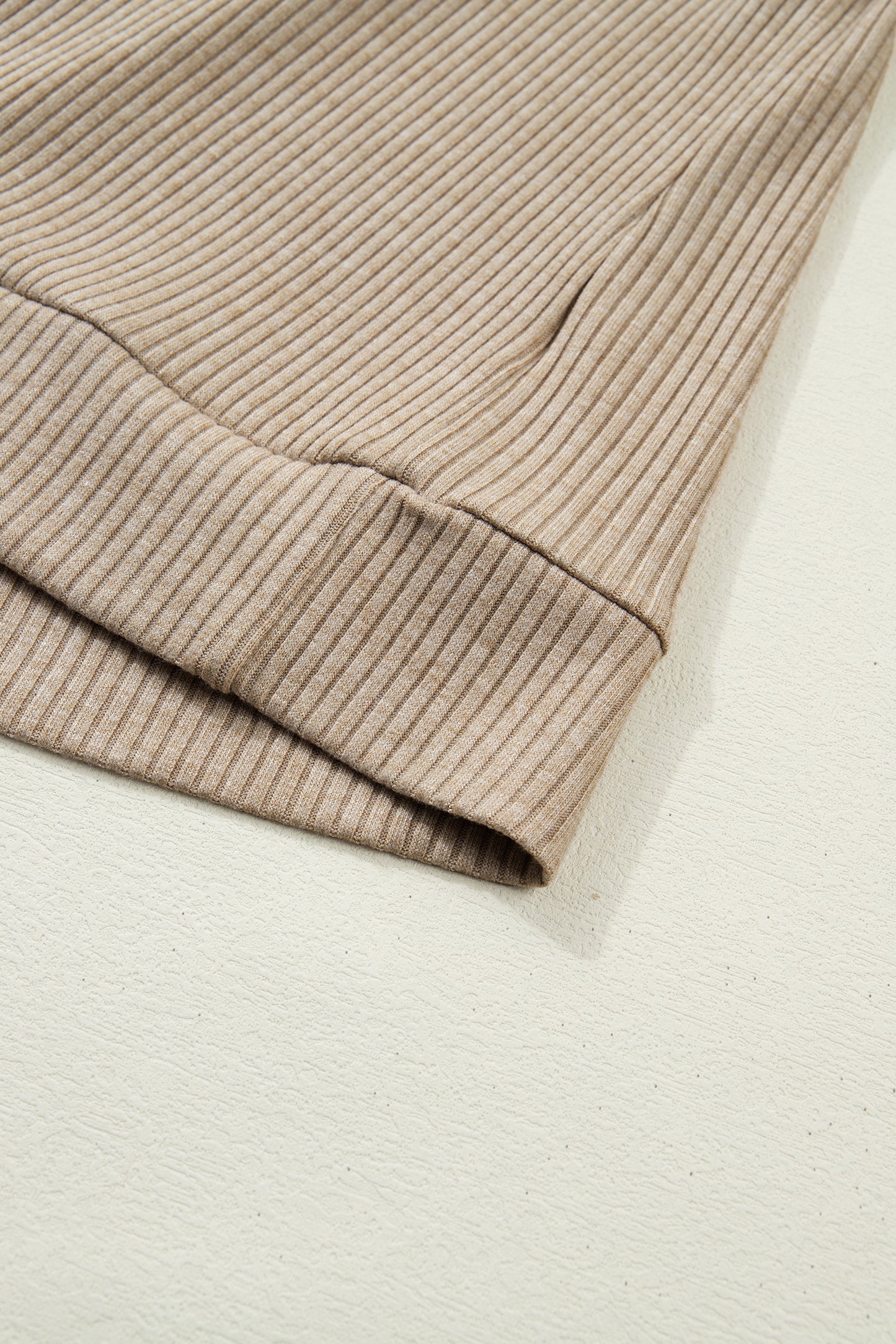 Beige Ribbed Knit Denim Patchwork Button Polo Collar Cuffed Long Sleeve Top