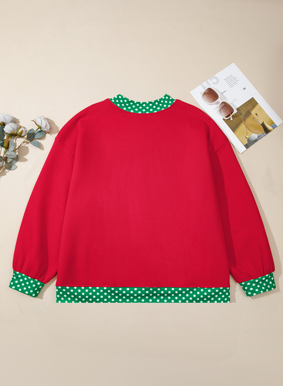 Red Polka Dot Patchwork Round Neck Plus Size Sweatshirt