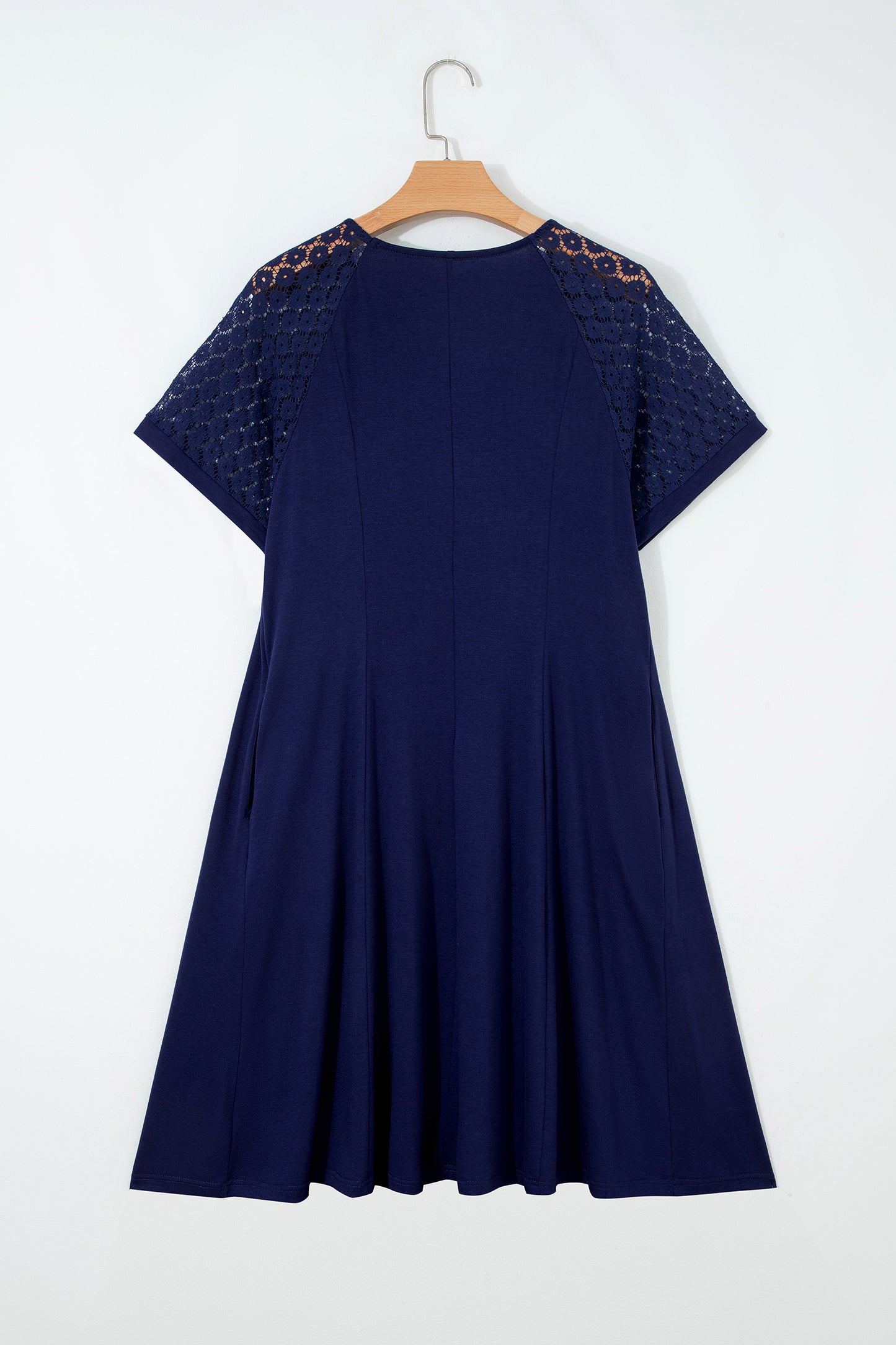 Navy Blue Plus Size Solid Color Lace Short Sleeve Pleated Swing Dress