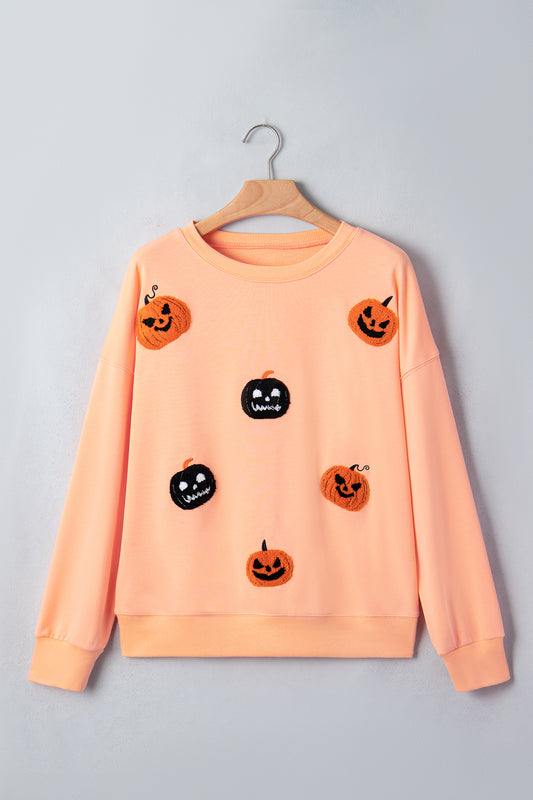 Orange Embroidered Pumpkin Face Drop Shoulder Sweatshirt