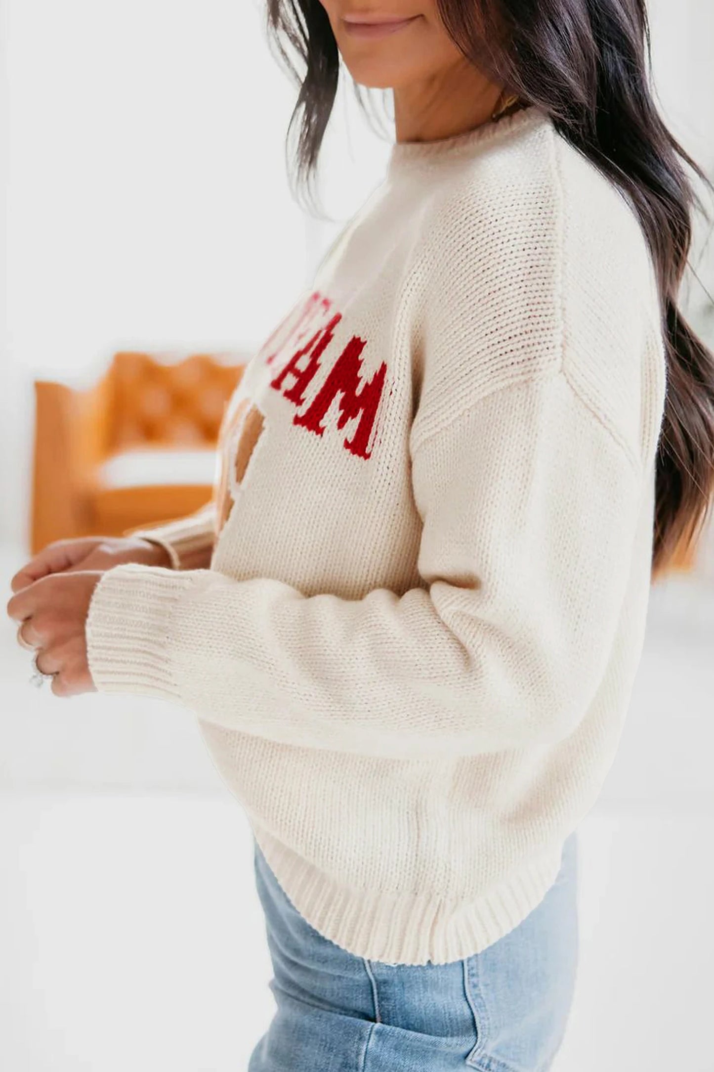 Beige Go Team Football Sweater Drop Shoulder Knit Top