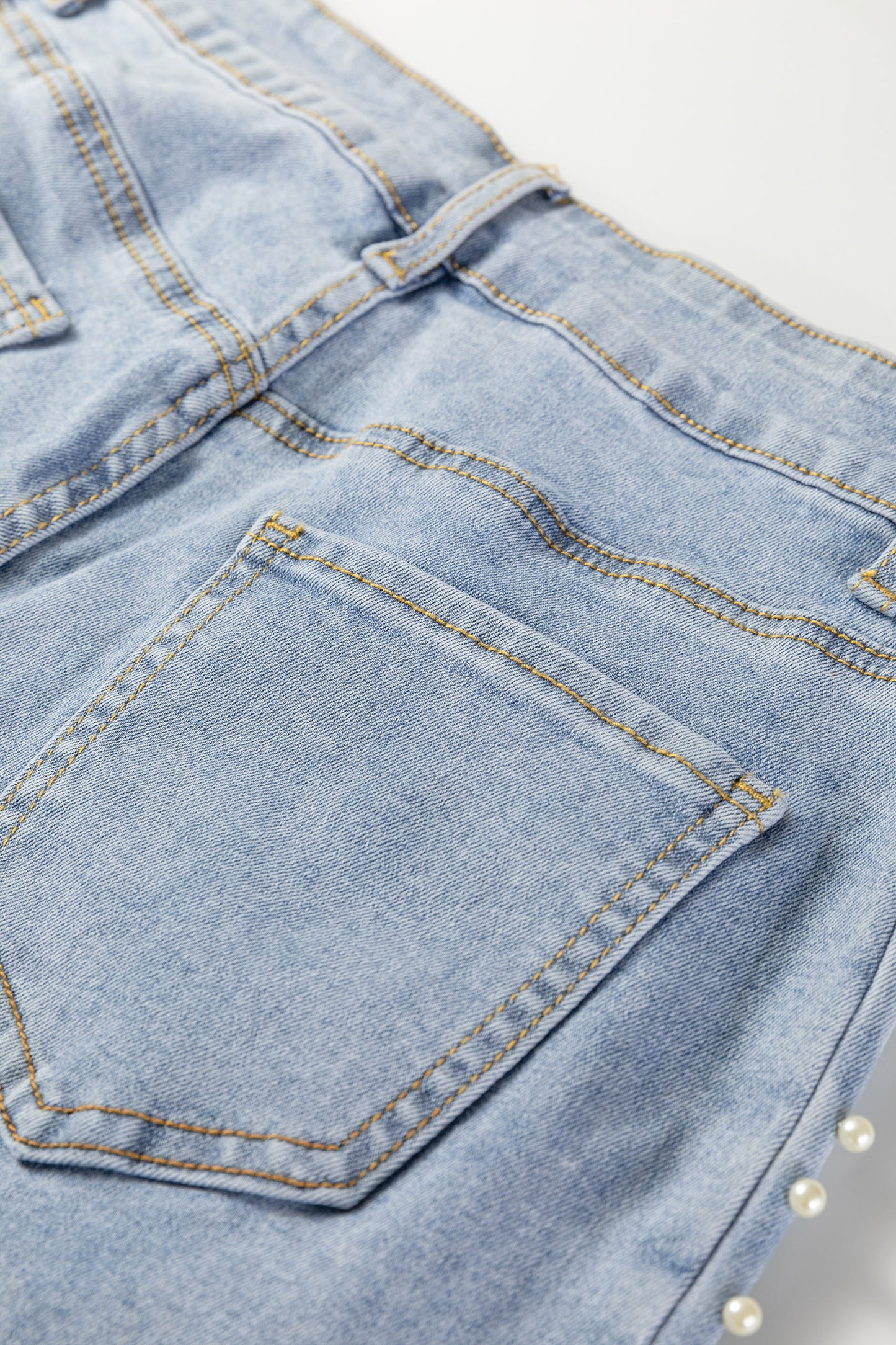 Beau Blue Mid Rise Pearl Embellished Split Wide Leg Jeans