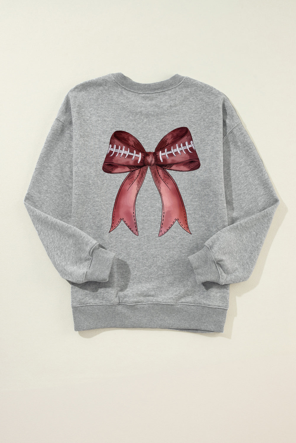 Gray Football Bow Print Drop Shoulder Pullover Sweatshirt
