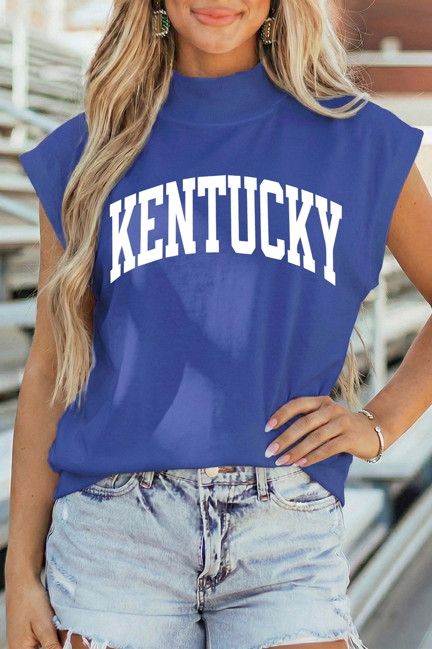 Sky Blue KENTUCKY Leopard KY Double Side Printed Mock Neck Tee