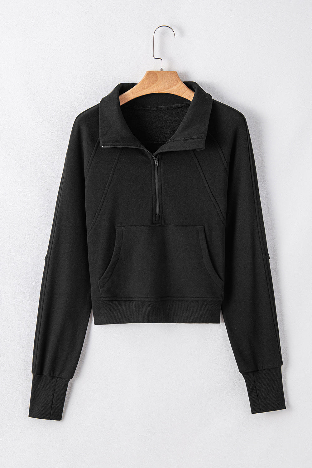 Black Zip Up Stand Collar Ribbed Thumbhole Sleeve Sweatshirt