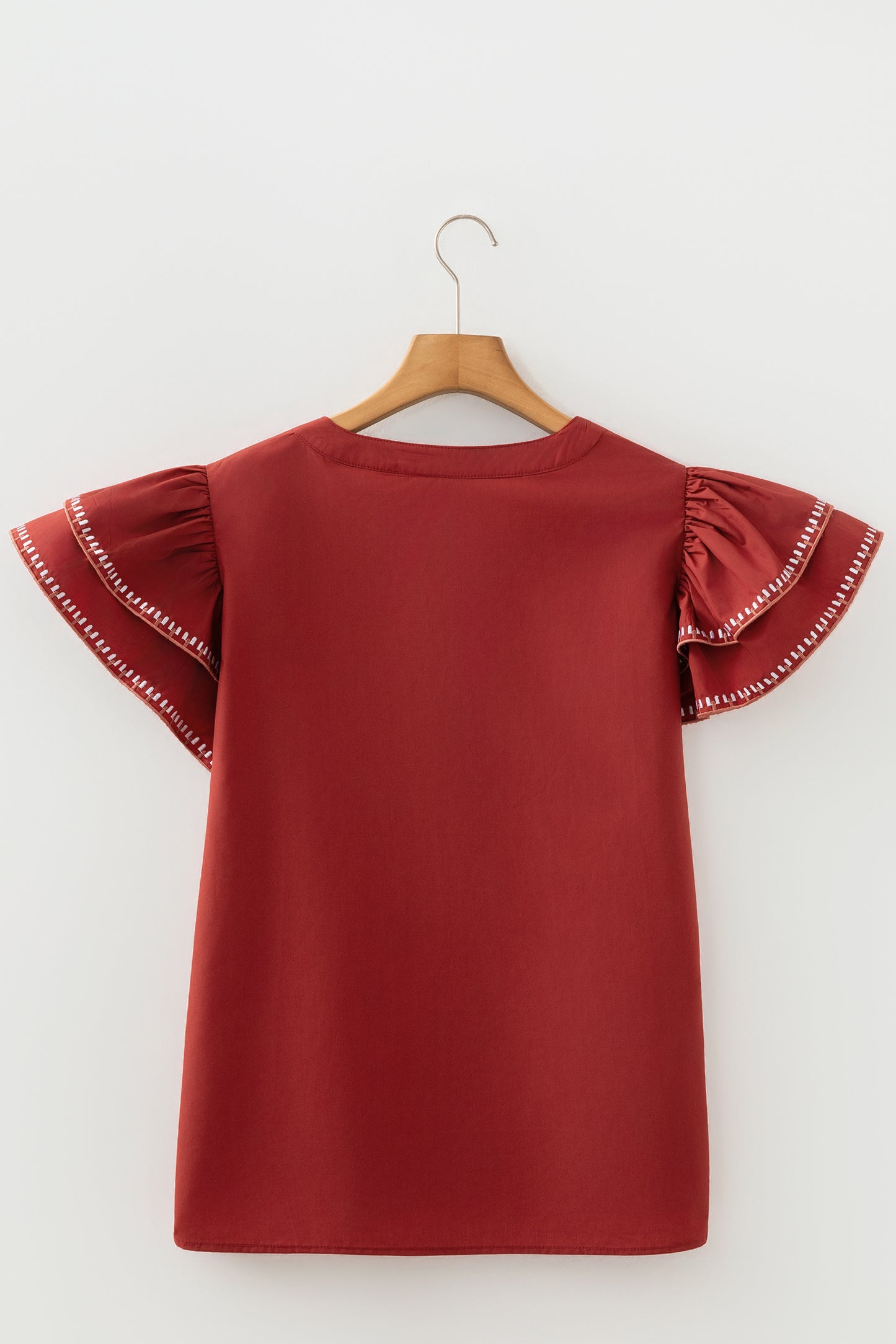 Clay Contrast Trim Flutter Sleeve V Neck Blouse