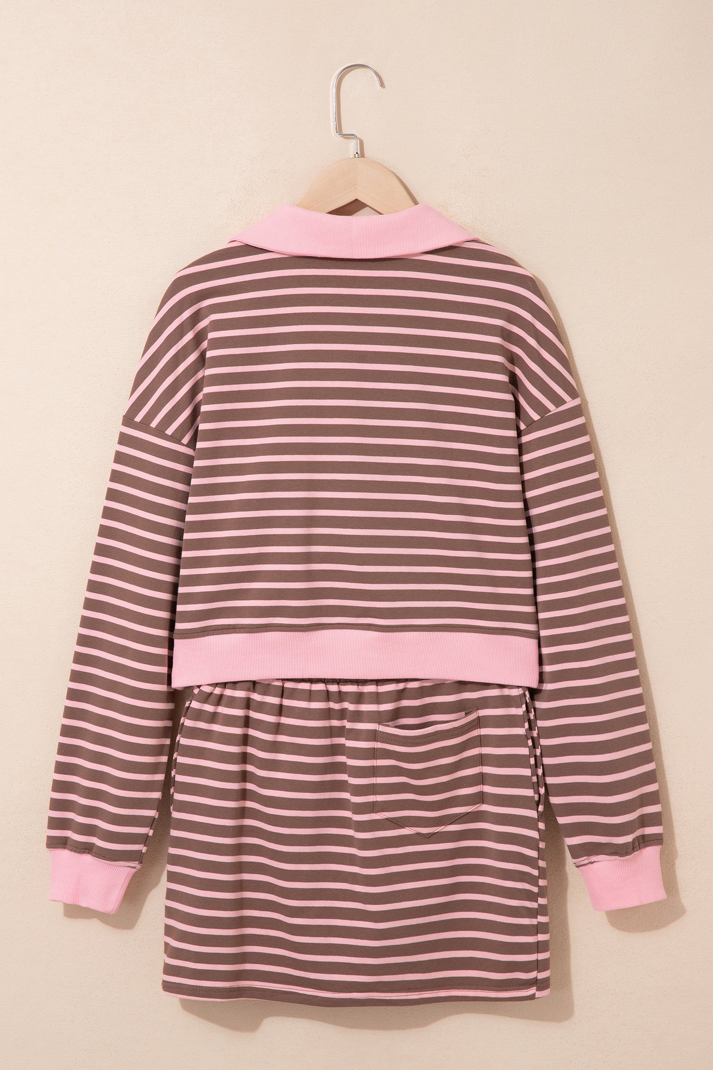 Brown Stripe Striped Drawstring Waist Long Sleeve Top Mini Skort Set