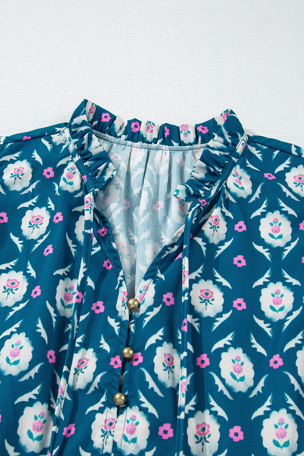 Blue Retro Floral Print Split Neck Ruffle Short Sleeve Dress