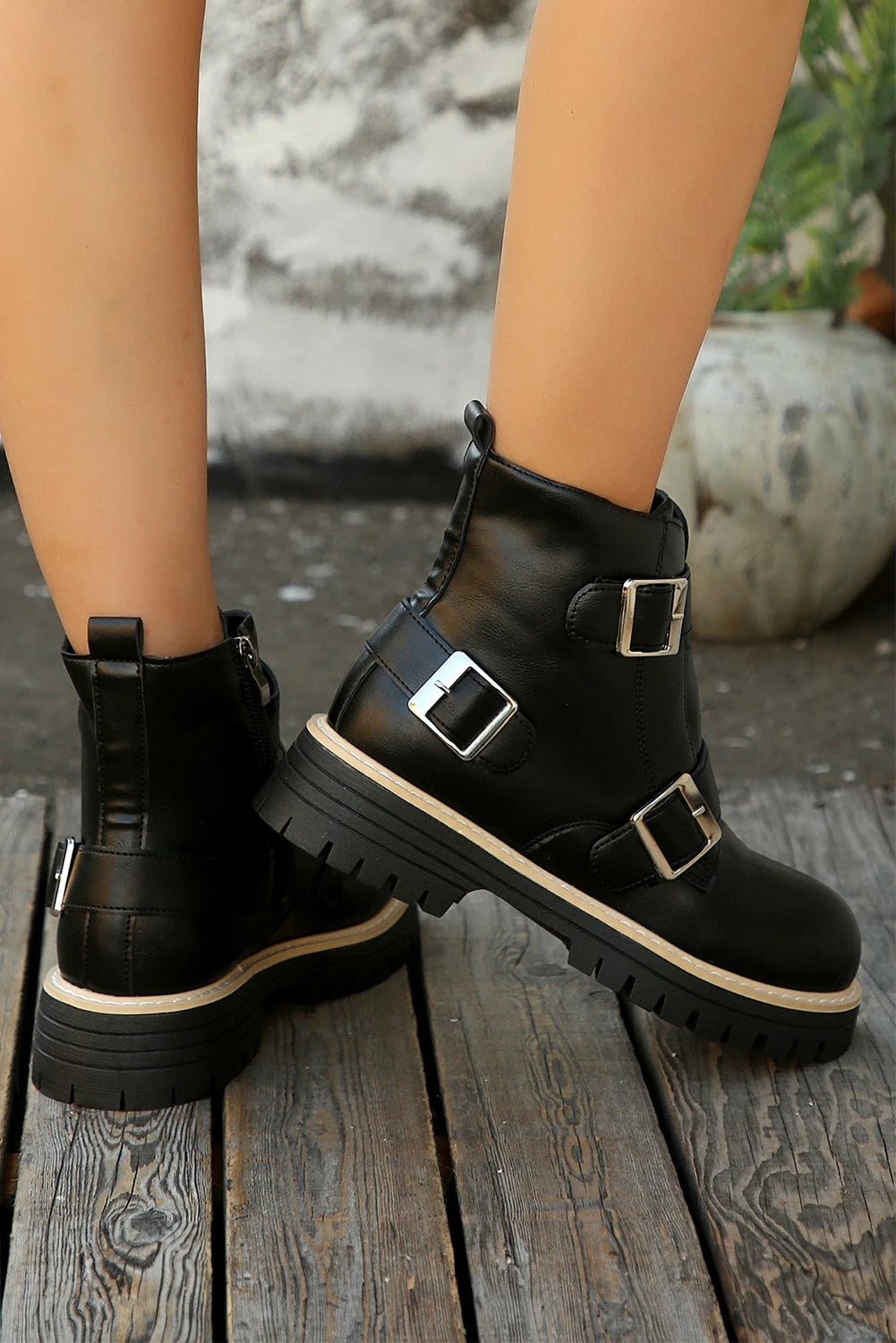 Color black PU Leather Triple Buckle Strap Detail Preppy Combat Boots