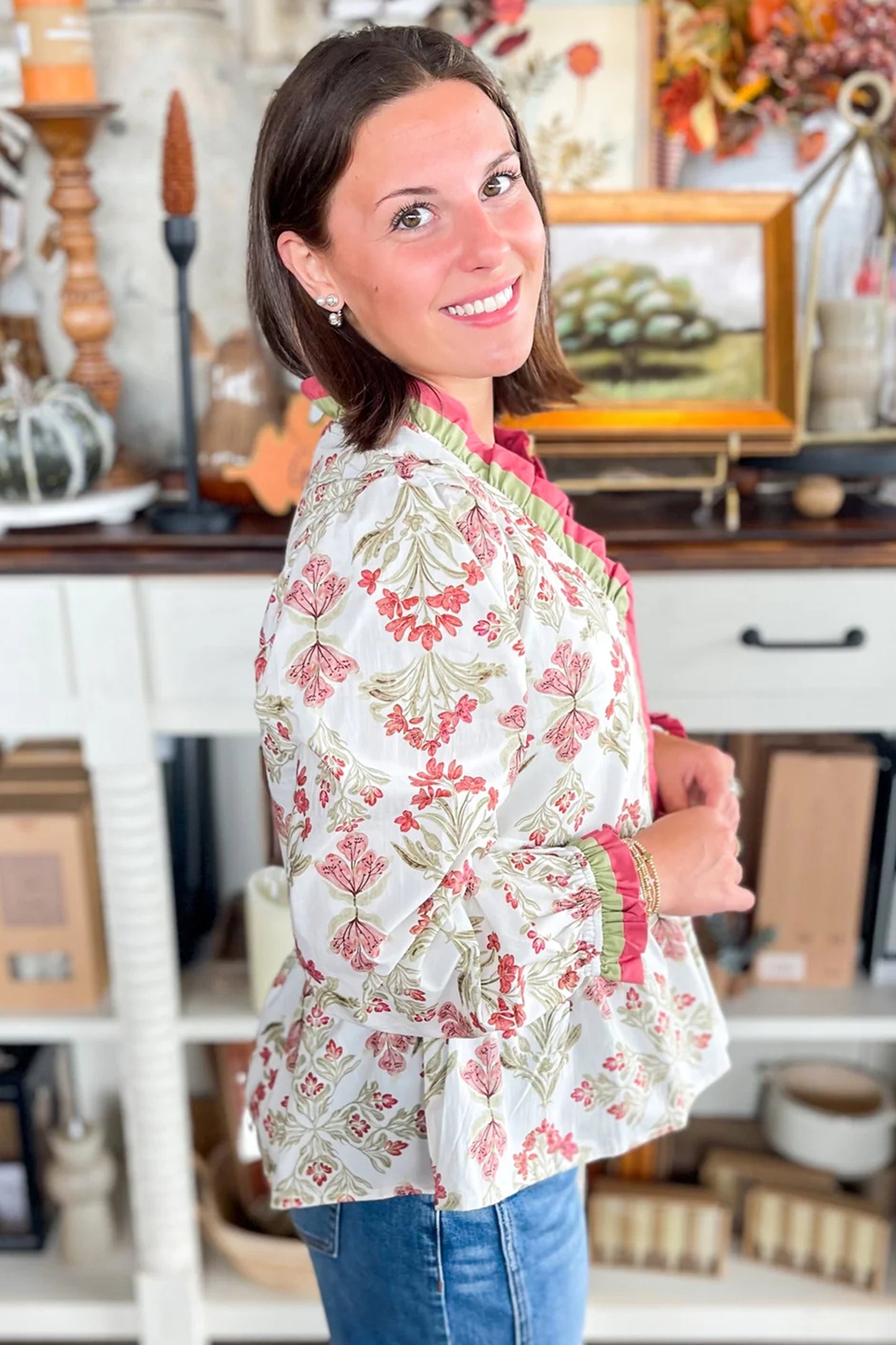Floral Cotton Blouse Boho Ruffle Peplum Top