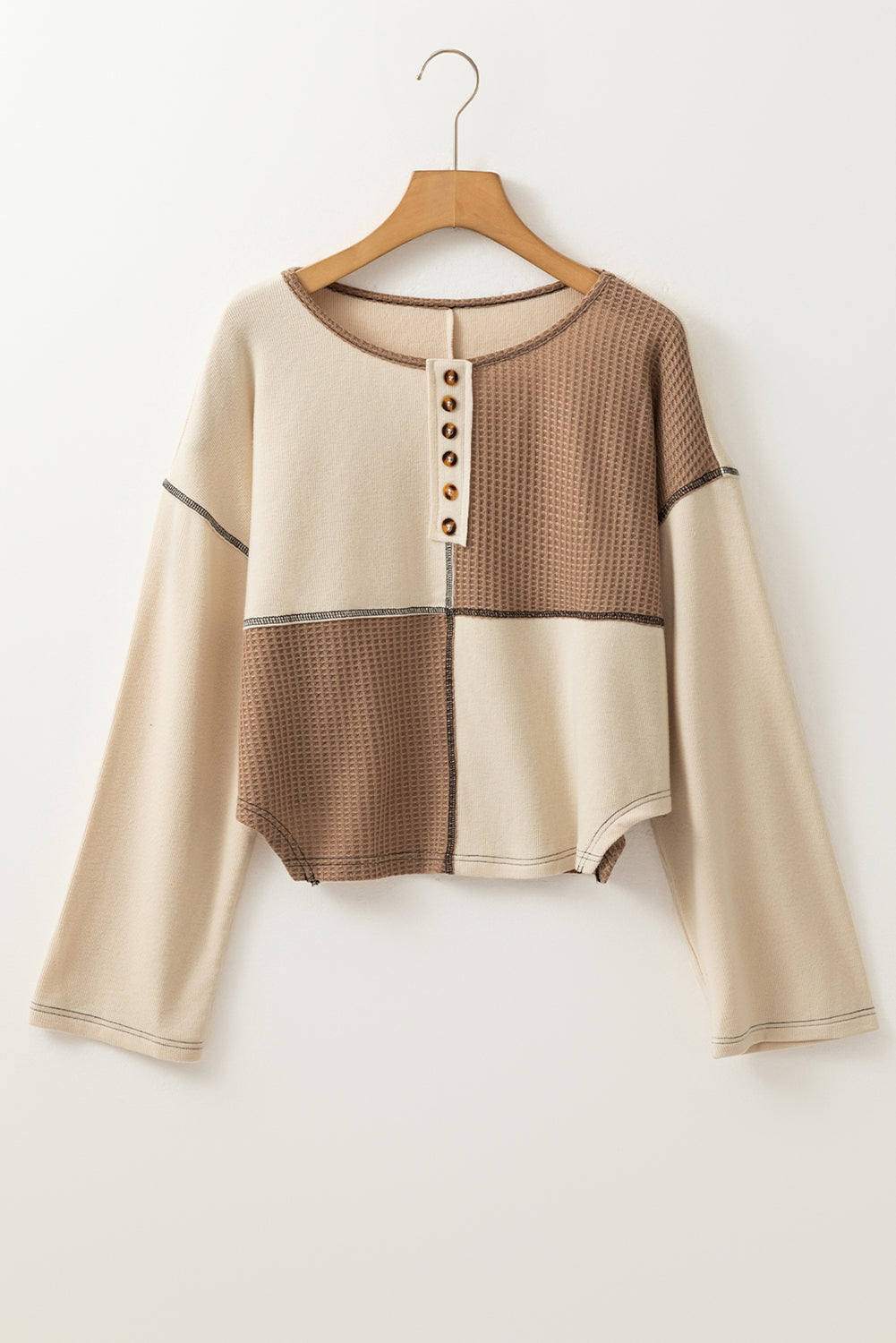 Beige Color Block Waffle Knit Stitch Detail Long Sleeve Top