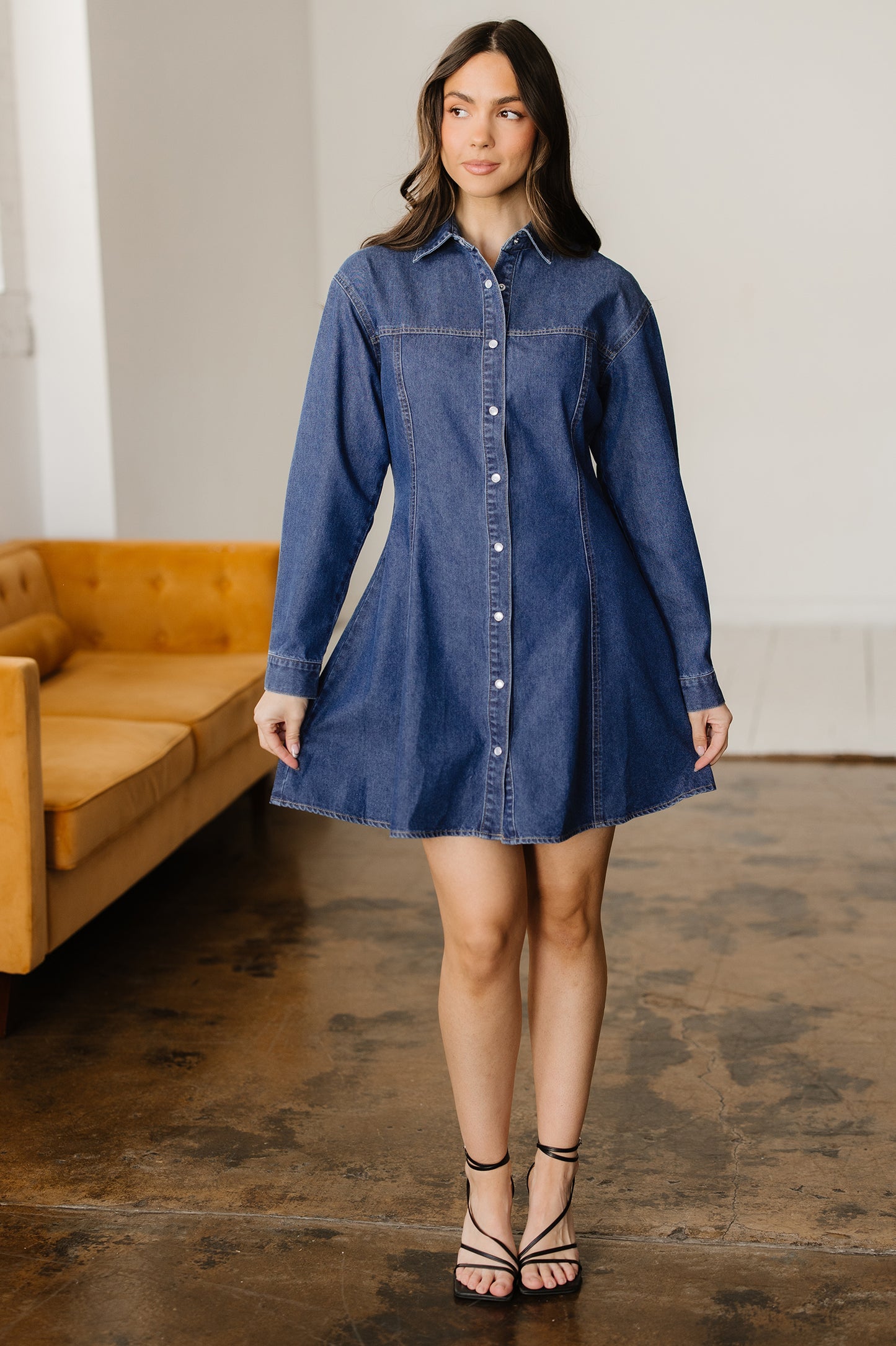 Ashleigh Blue Denim Shirt Collar Long Sleeve Flared Mini Dress