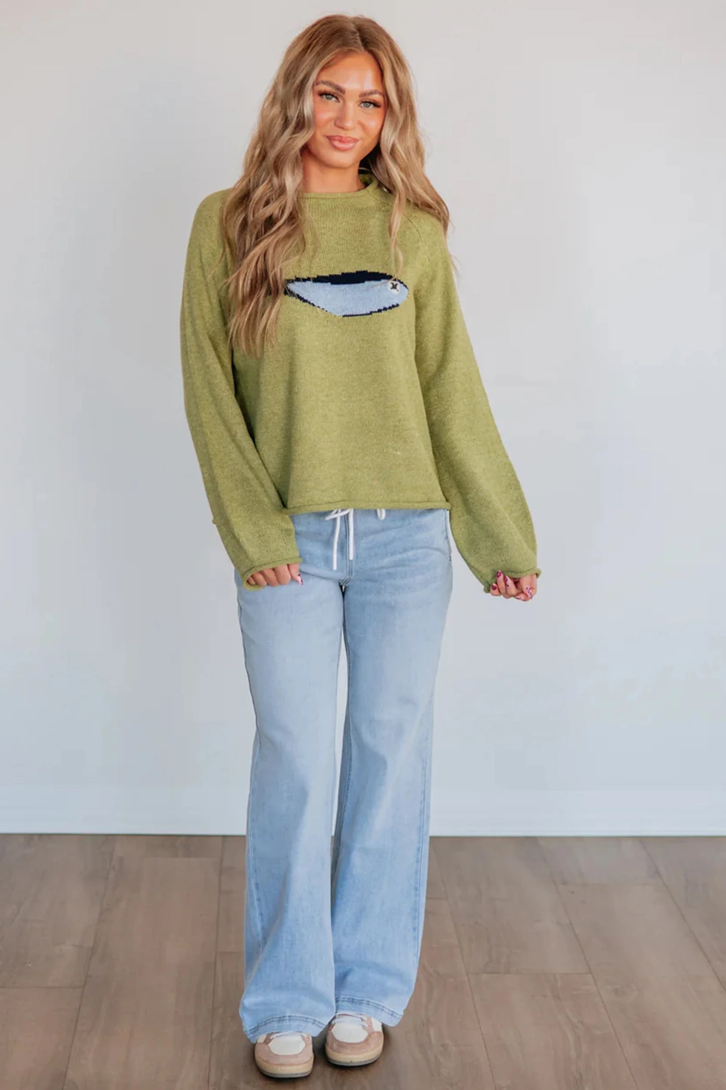 Meadow Mist Green Unique Fish Knit Oversized Round Neck Sweater