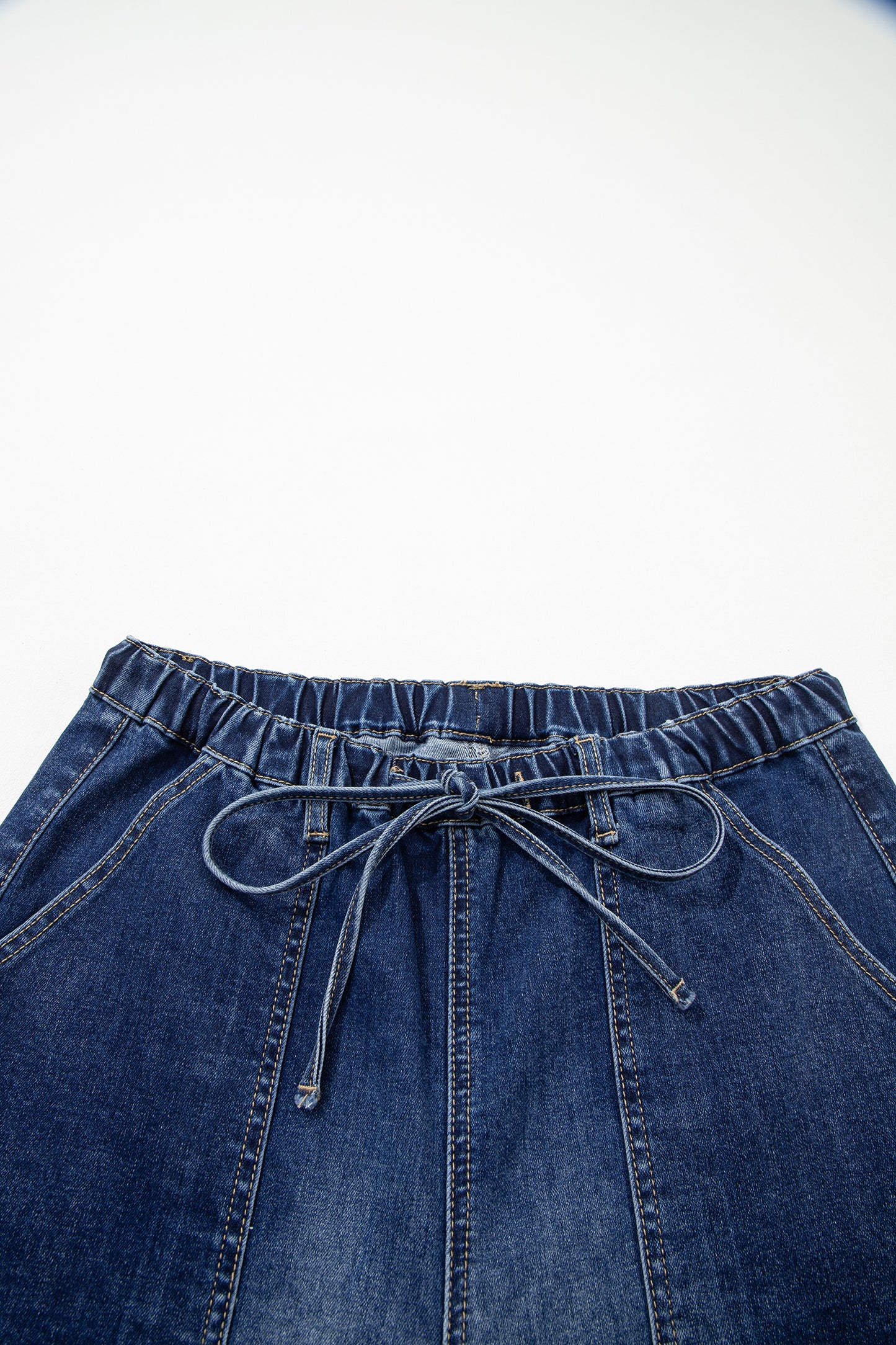 Beau Blue Drawstring Seam Detail Raw Hem Wide Leg Denim Pants