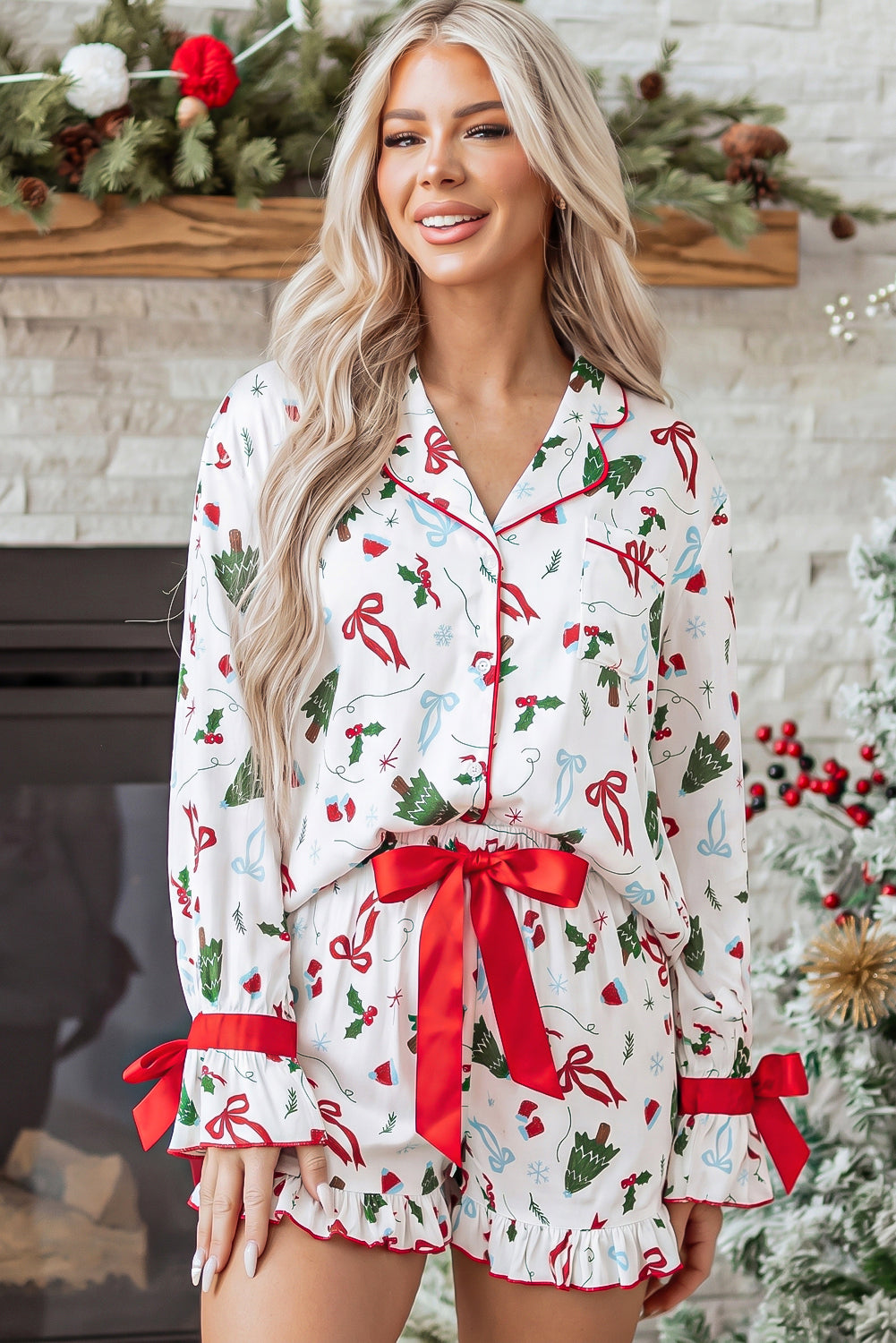 White Christmas Print Ruffle Cuff Long Sleeve Lounge Set