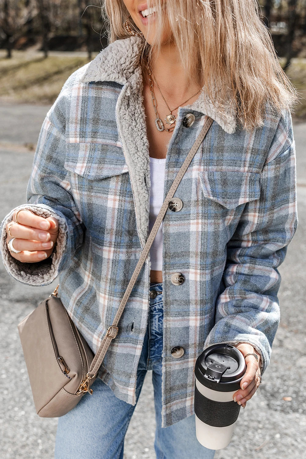 Sky Blue Stripe Sherpa Collar Cuffs Patchwork Plaid Shirt Jacket with Chest Pocket