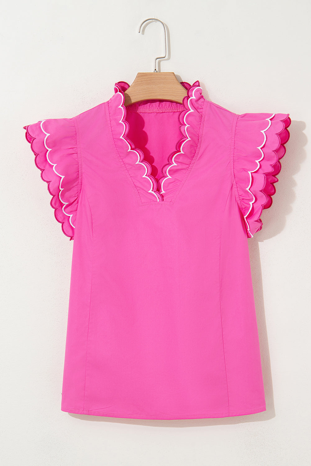 Bright Pink Contrast Scallop Trim Layered Short Sleeve V Neck Blouse