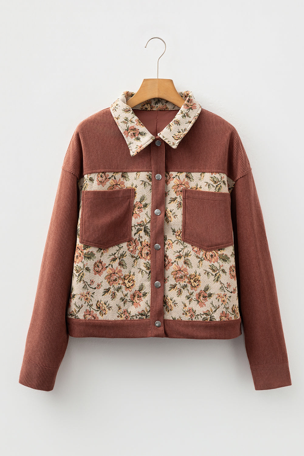 Sage Green Ribbed Retro Floral Patchwork Shirt Style Jacket