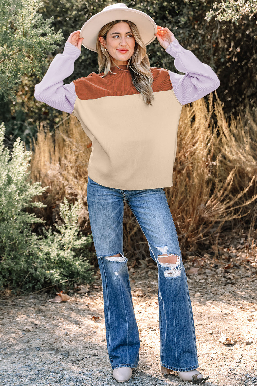 Green Color Block Plain Ribbed Knit Baggy Sweater