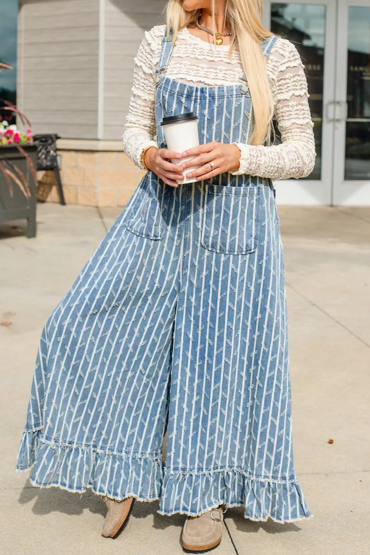 Striped Denim Jumpsuit Cotton Shift High Waist Ruffle