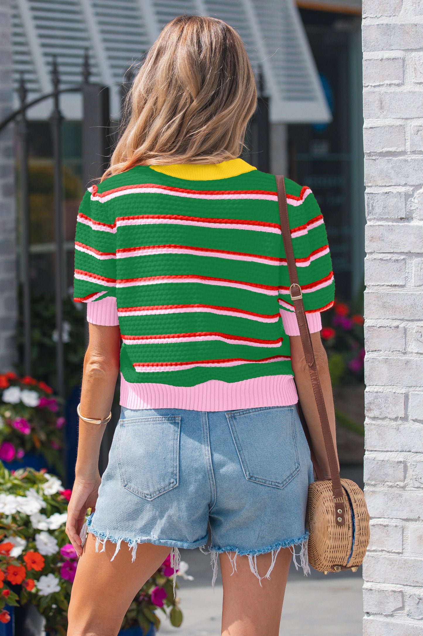 Red Stripe Colorblock Trim Half Sleeve Sweater Top