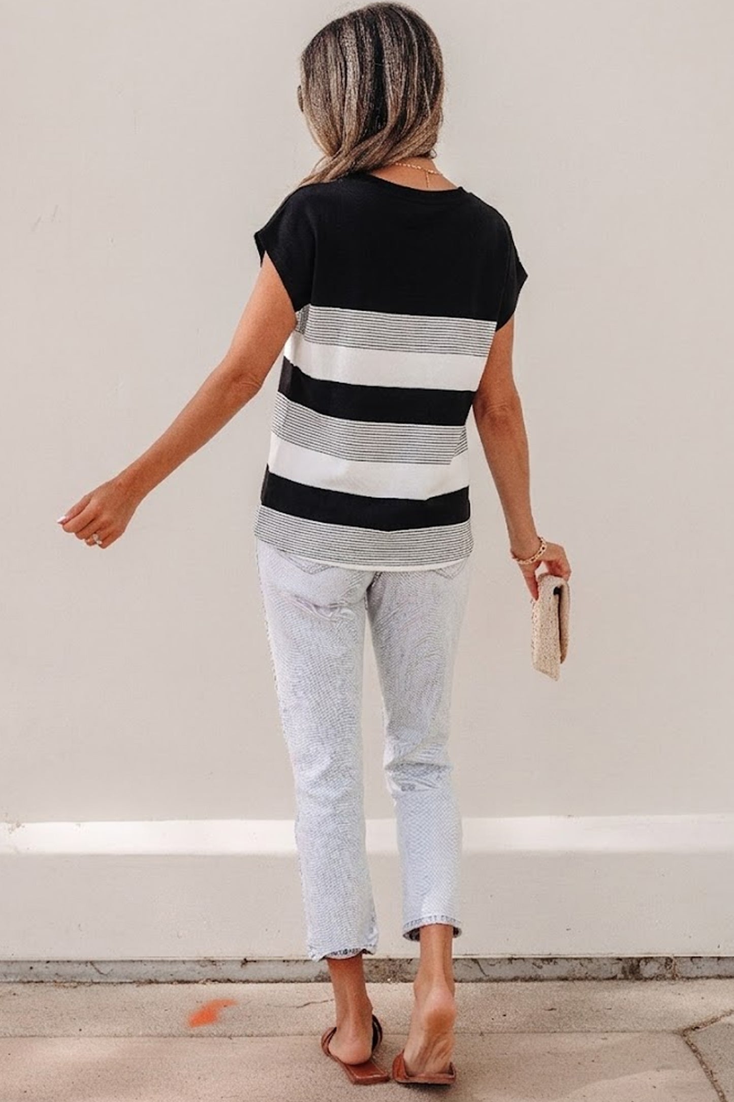 Green Stripe Mixed Print Crew Neck Cap Sleeve T Shirt