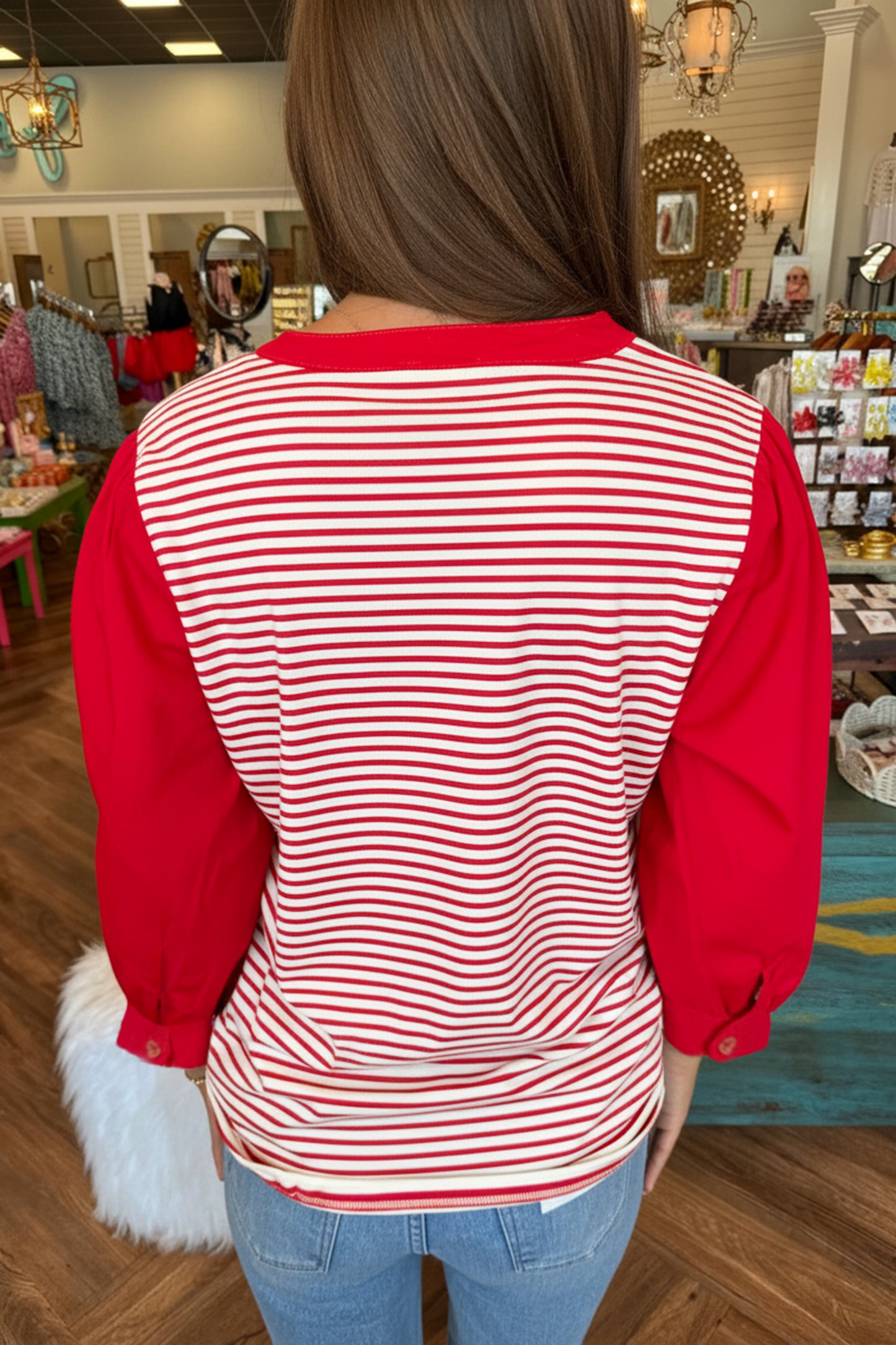 Red Stripe Half Placket V Neck Contrast 3/4 Sleeve Patchwork Top