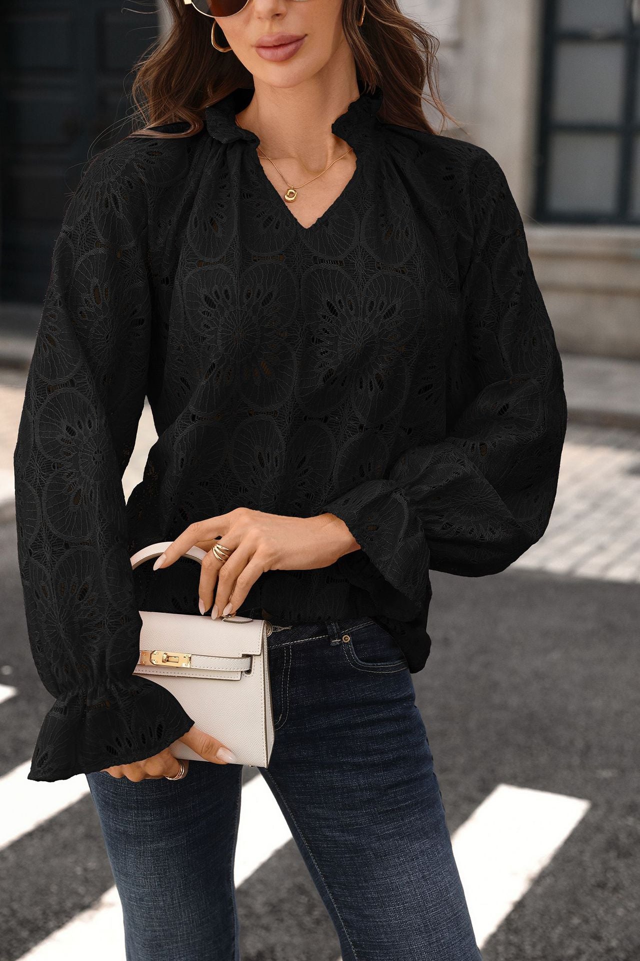 Eyelet Lace V Neck Top Long Sleeve Loose Casual Blouse