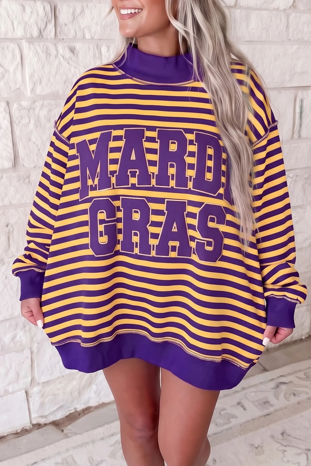 Red Stripe Christmas Slogan Embroidery Patched Mock Neck Oversized Sweatshirt