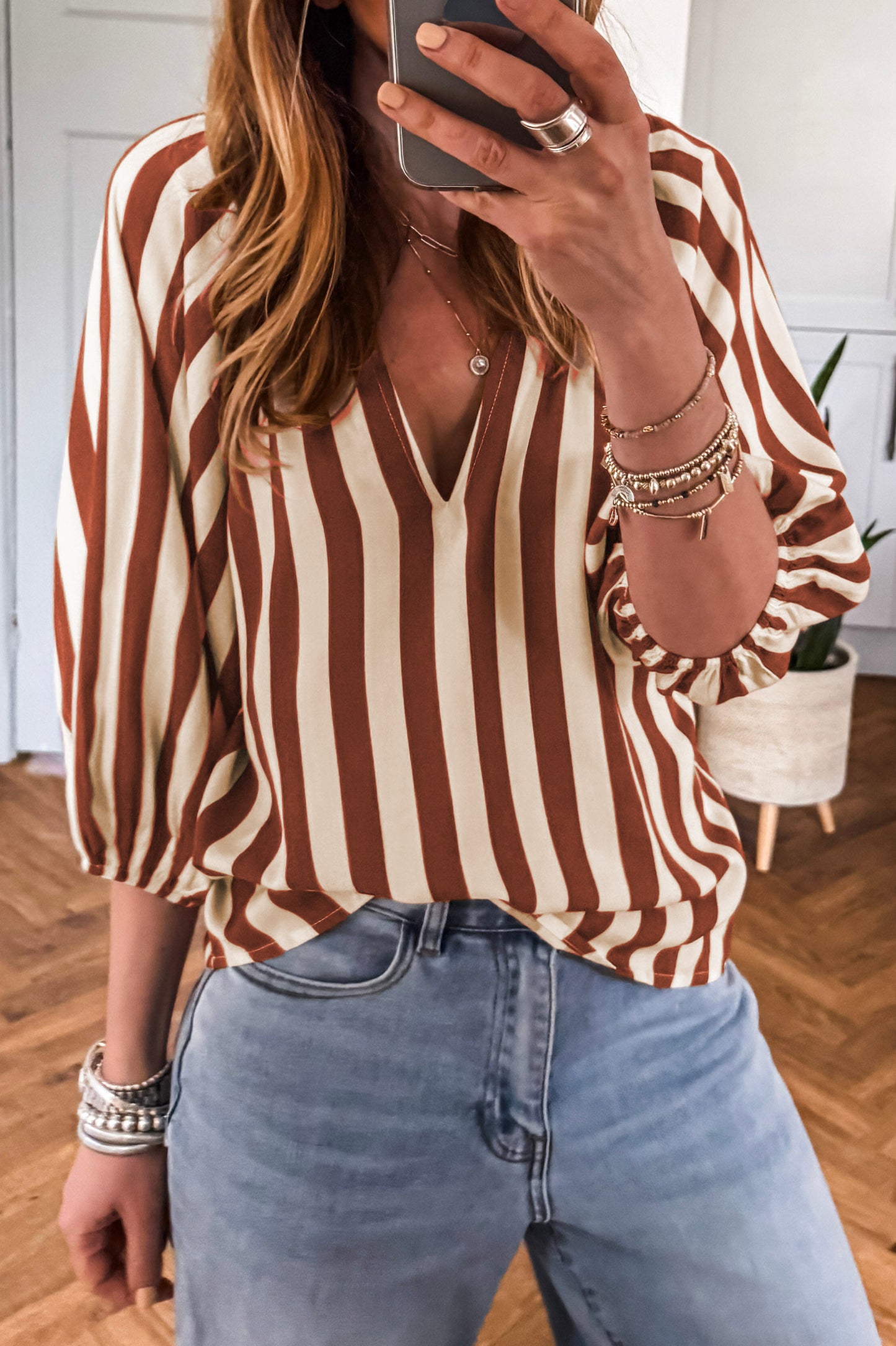 Brown Stripe V Neck Half Sleeve Casual Blouse