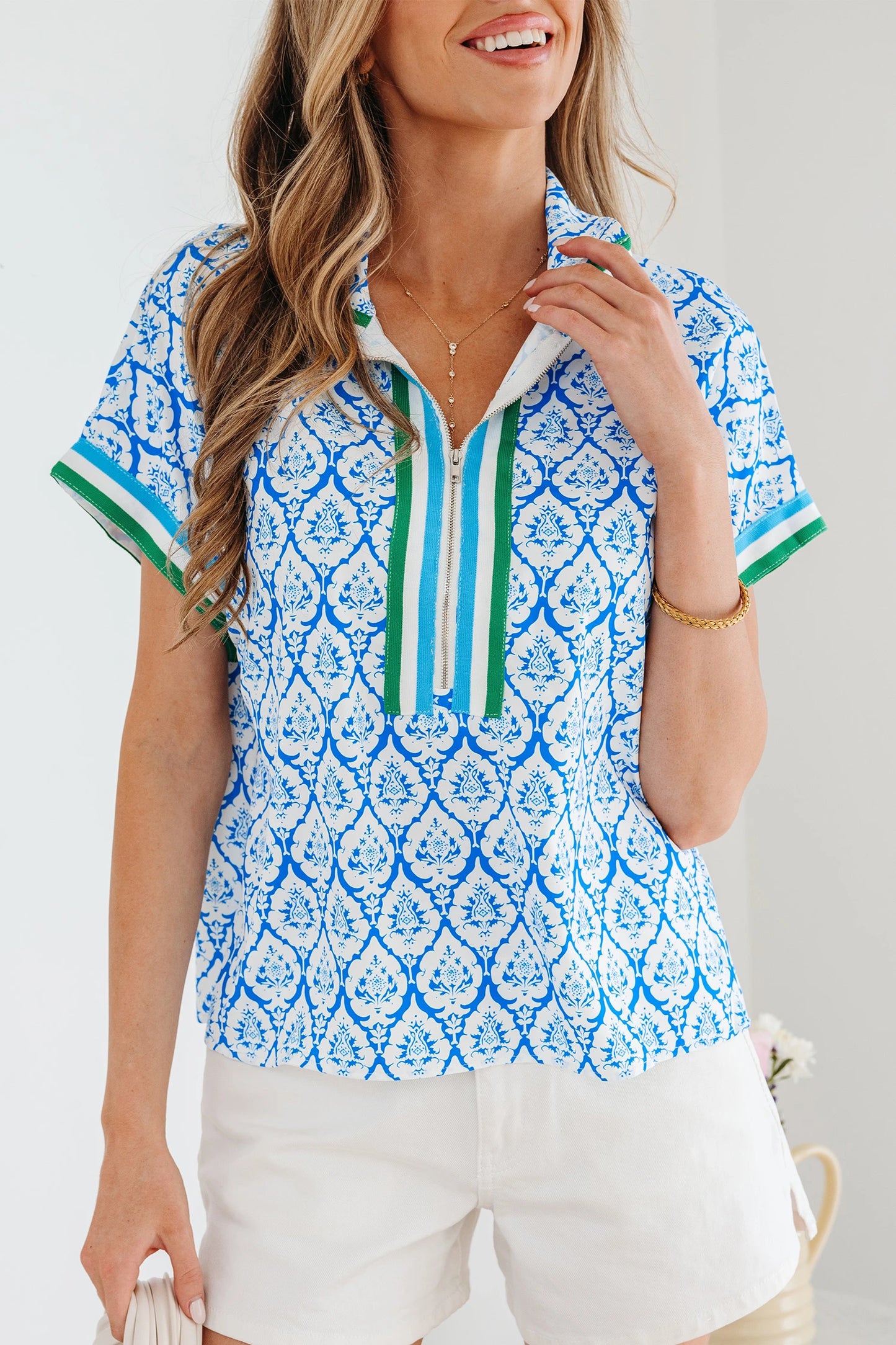 Pink Western Print Zipped Collar Short Sleeve Summer Blouse Top