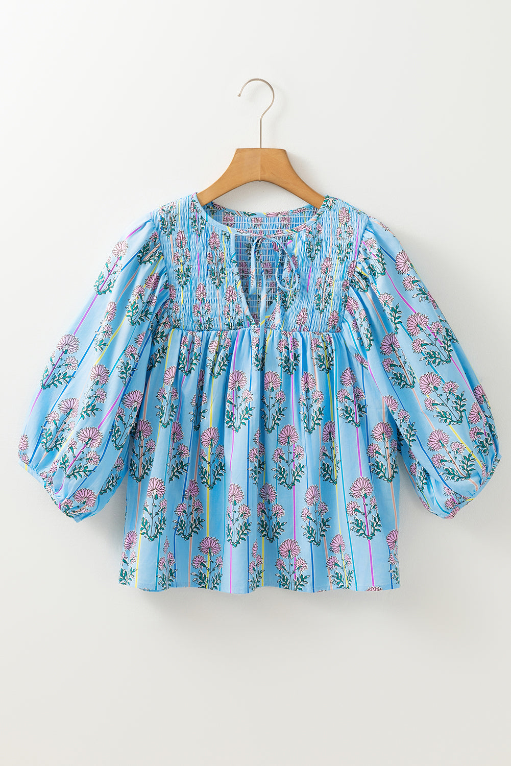 Sky Blue Floral Striped Print Shirred Yoke Split Neck Blouse