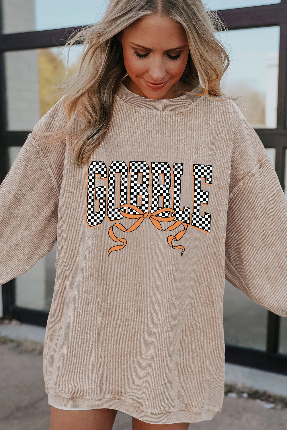 Apricot Twisted Ribbed Texture Checkered GOBBLE Bow Print Baggy Sweatshirt