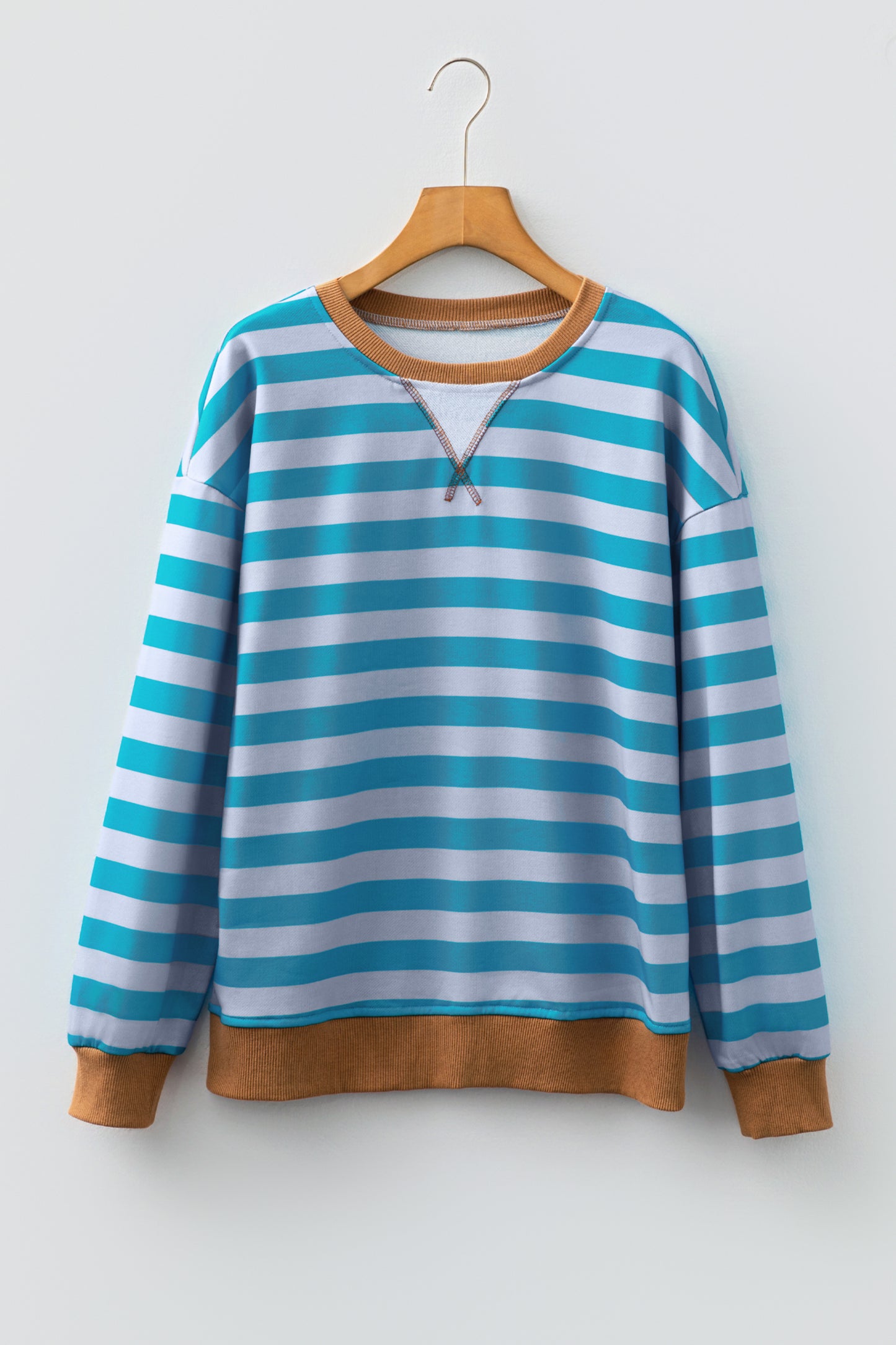 Sky Blue Stripe Contrast Color Ribbed Trim Round Neck Drop Shoulder Sweatshirt