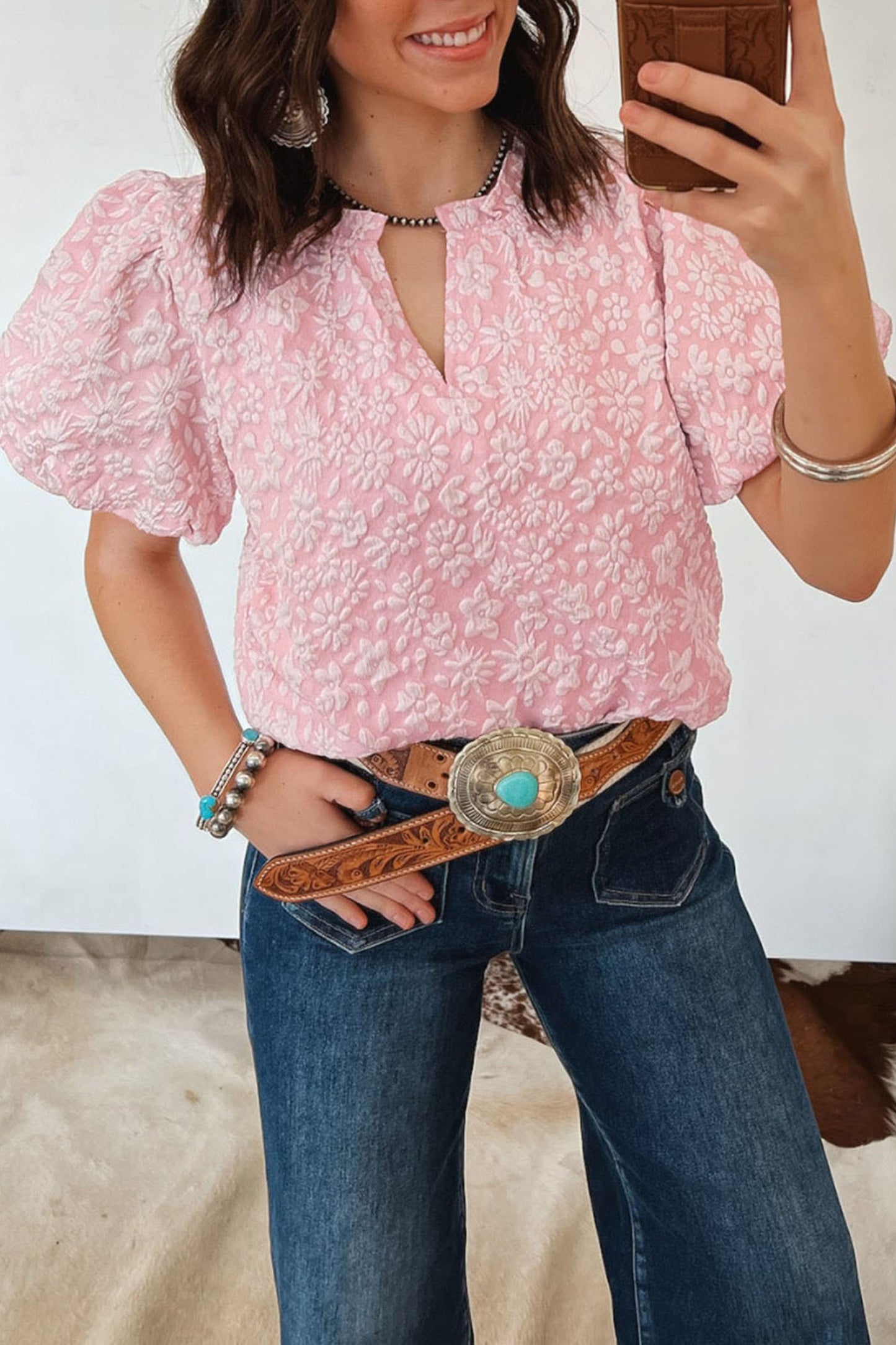 Floral Jacquard Western Blouse Puff Sleeve Top